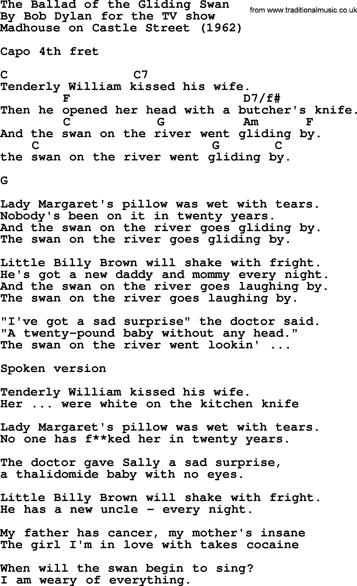 Bob Dylan song, lyrics with chords - The Ballad of the Gliding Swan