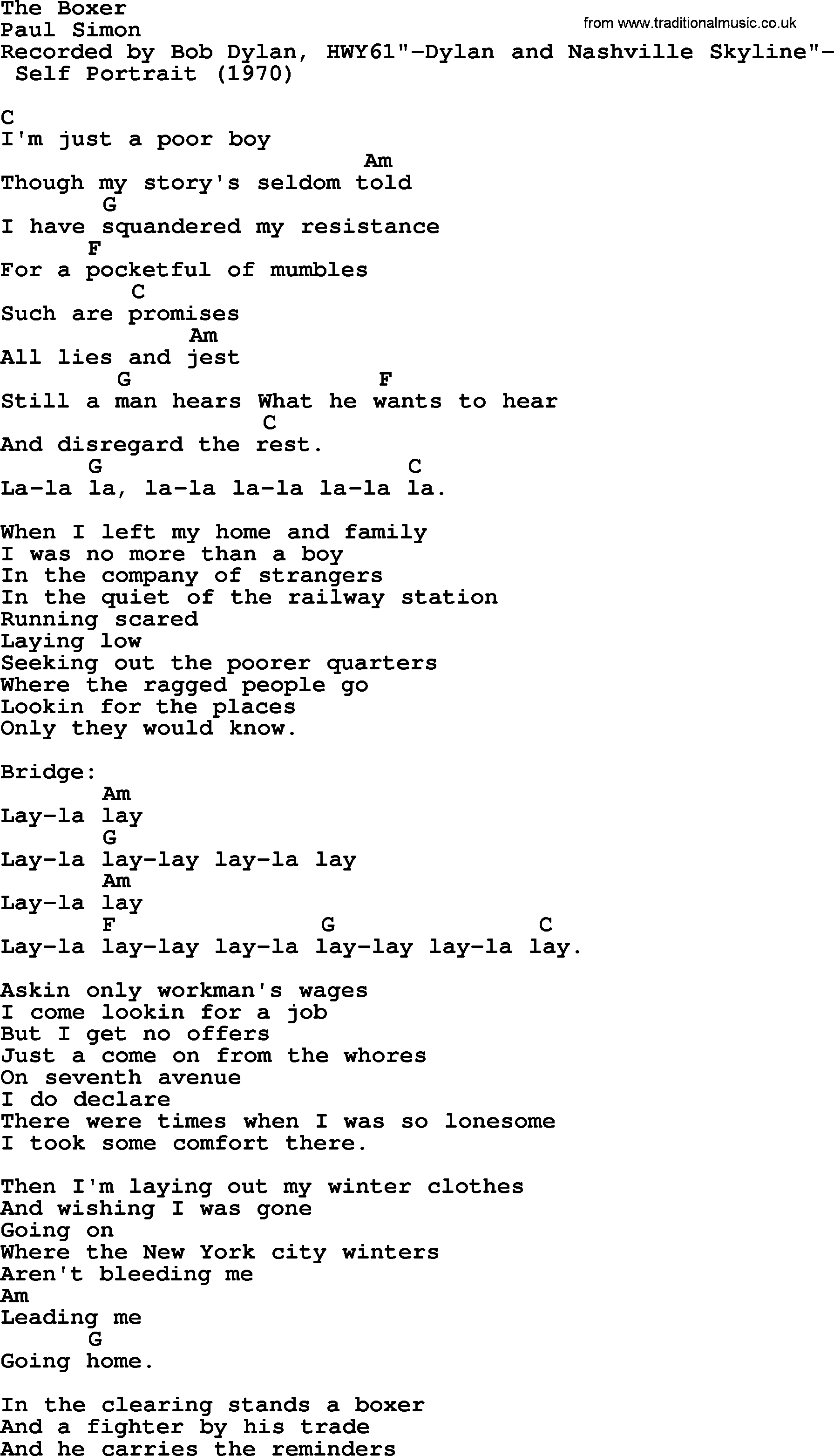 Bob Dylan song, lyrics with chords - The Boxer