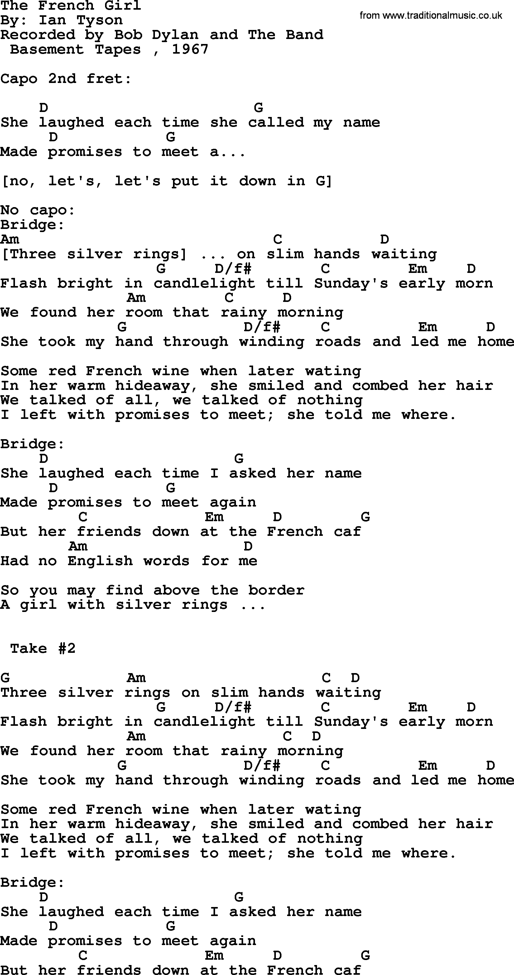 Bob Dylan song, lyrics with chords - The French Girl