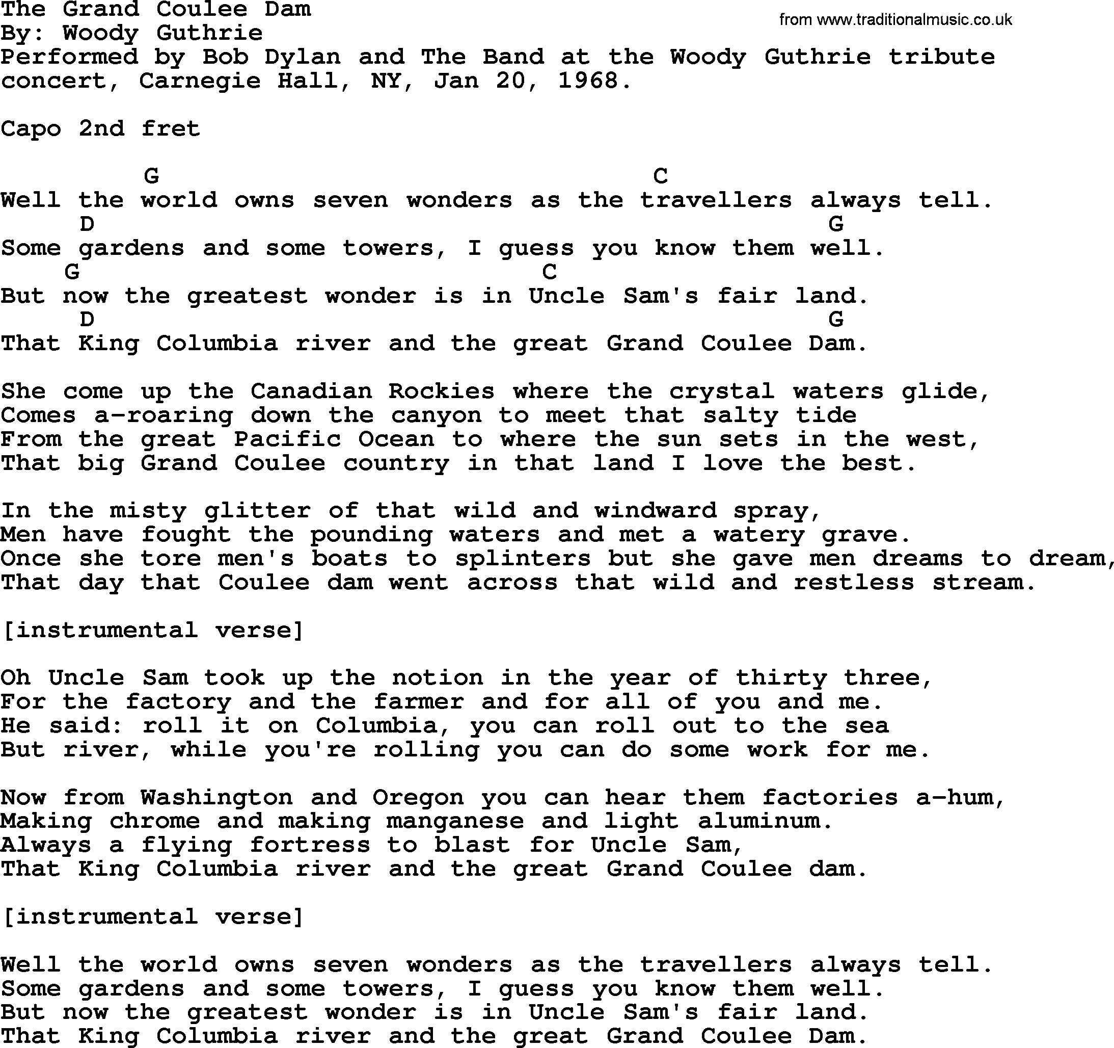Bob Dylan song, lyrics with chords - The Grand Coulee Dam