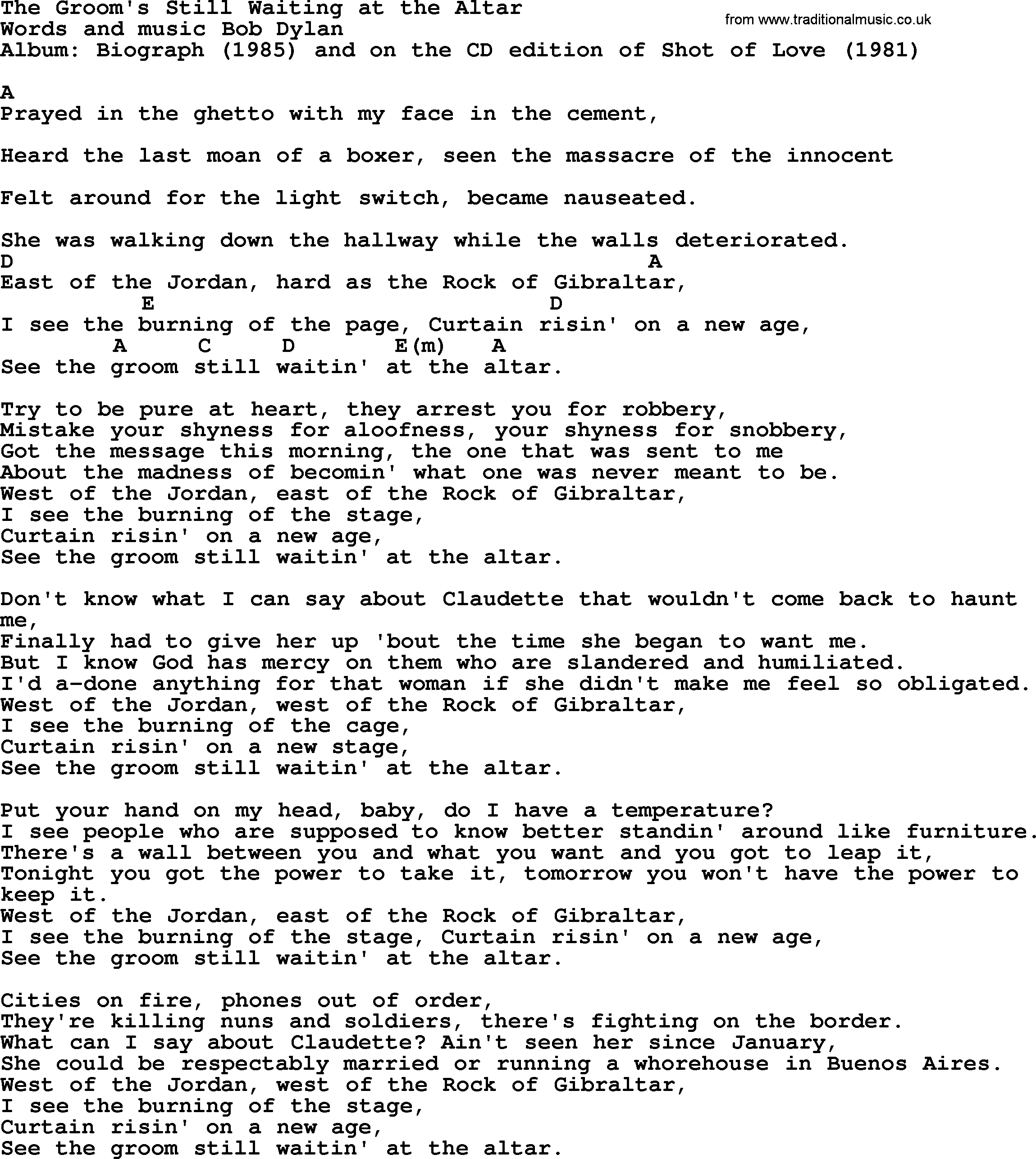 Bob Dylan song, lyrics with chords - The Groom's Still Waiting at the Altar