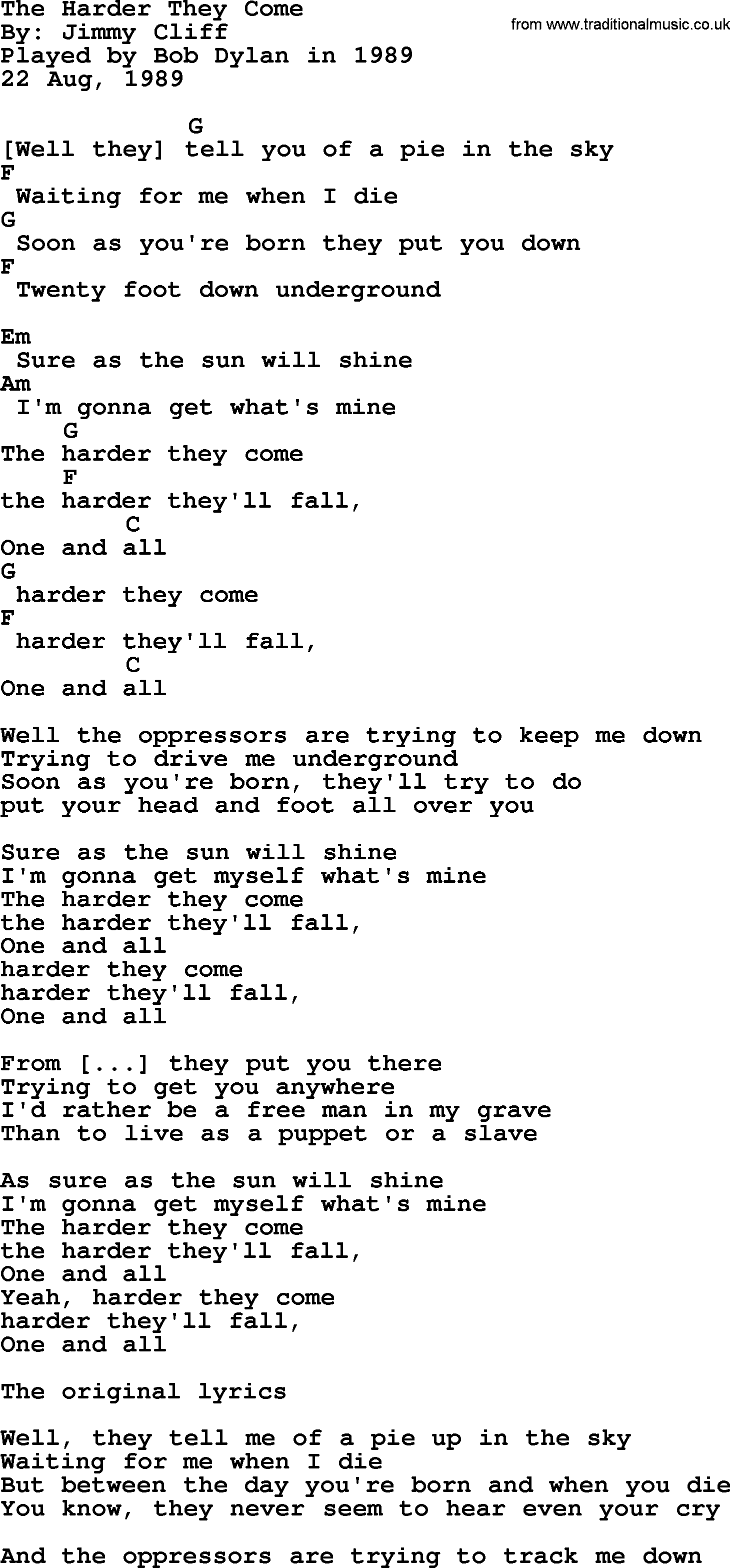 Bob Dylan song, lyrics with chords - The Harder They Come