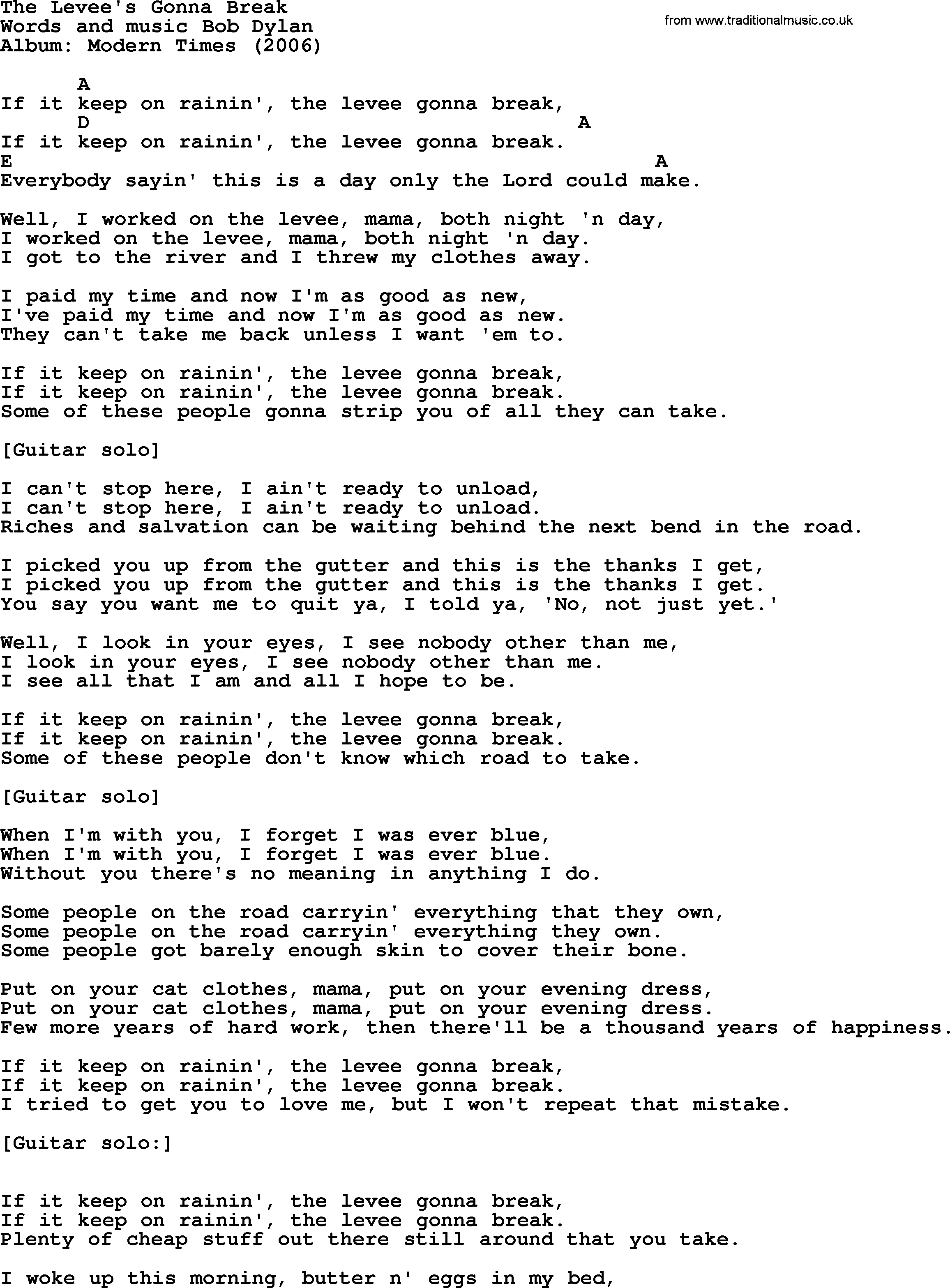 Bob Dylan song, lyrics with chords - The Levee's Gonna Break