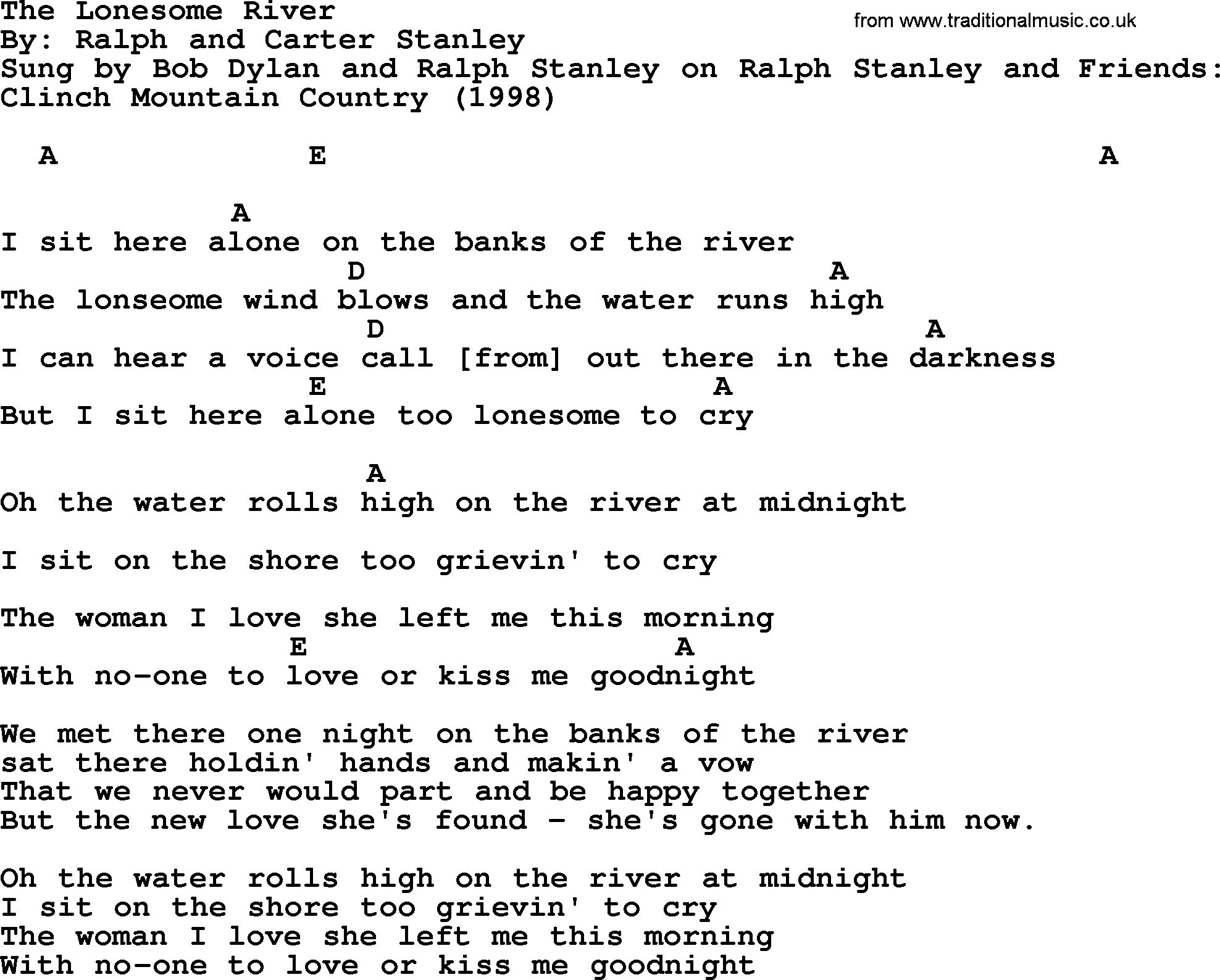 Bob Dylan song, lyrics with chords - The Lonesome River