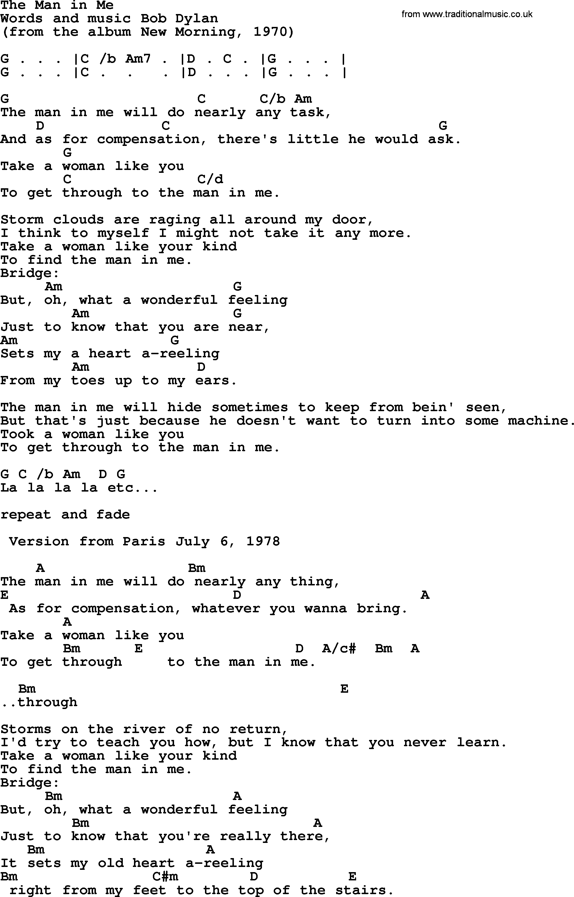 Bob Dylan song, lyrics with chords - The Man in Me