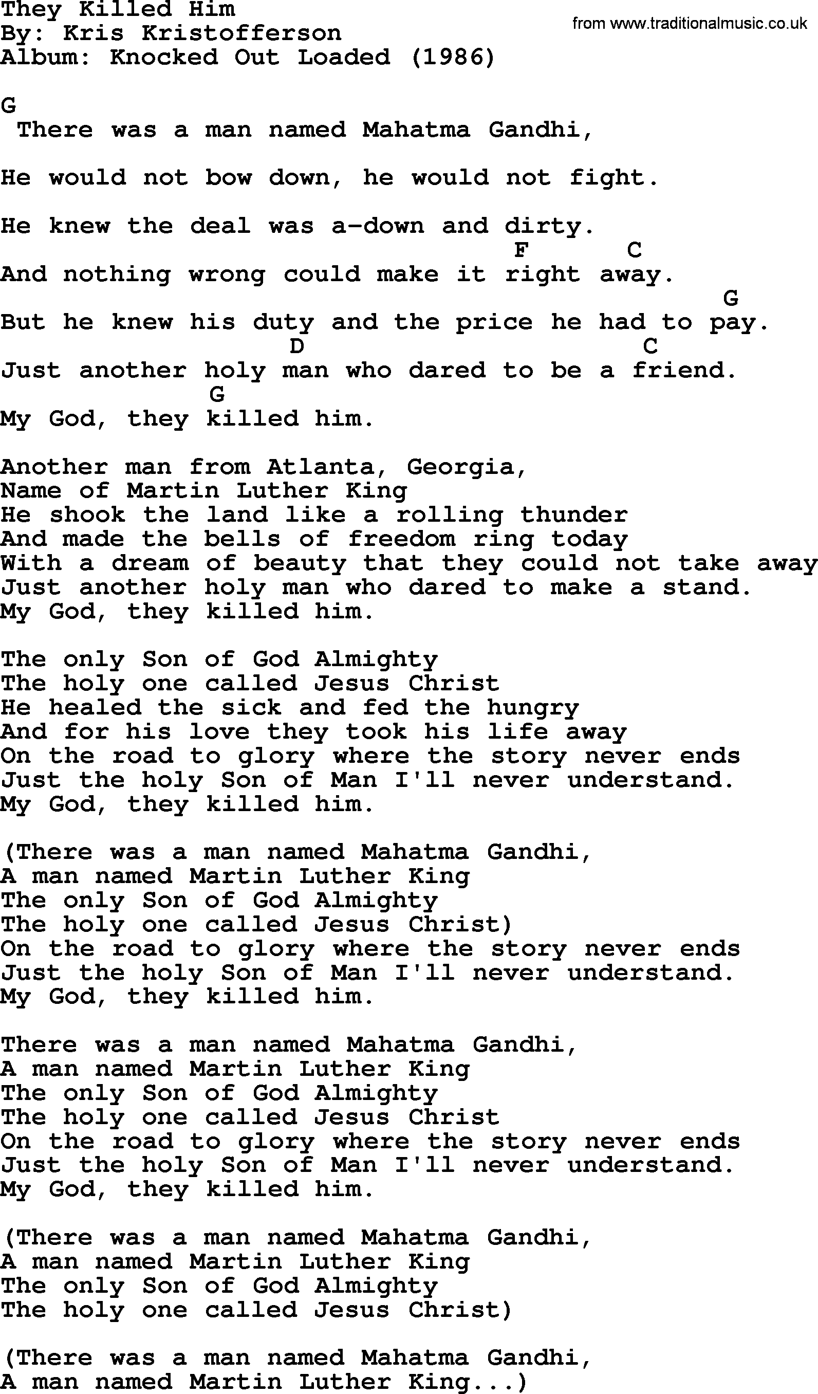 Bob Dylan song, lyrics with chords - They Killed Him