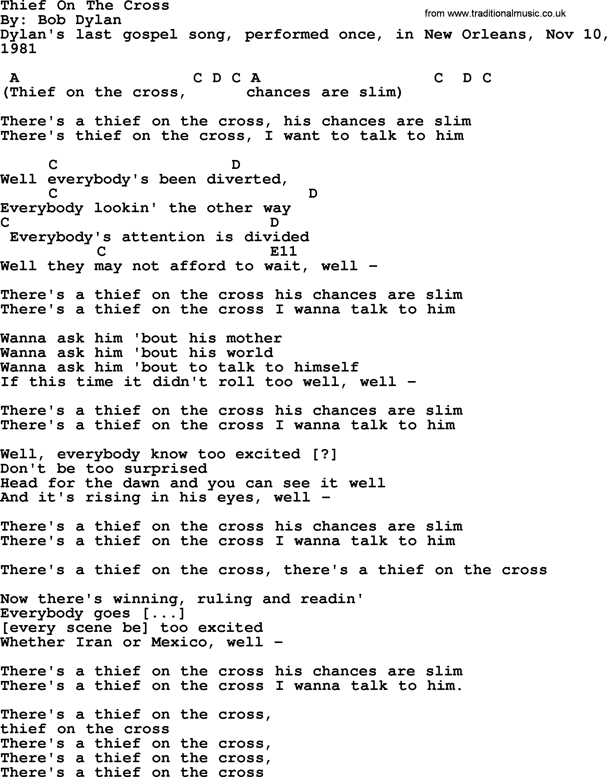 Bob Dylan song, lyrics with chords - Thief On The Cross