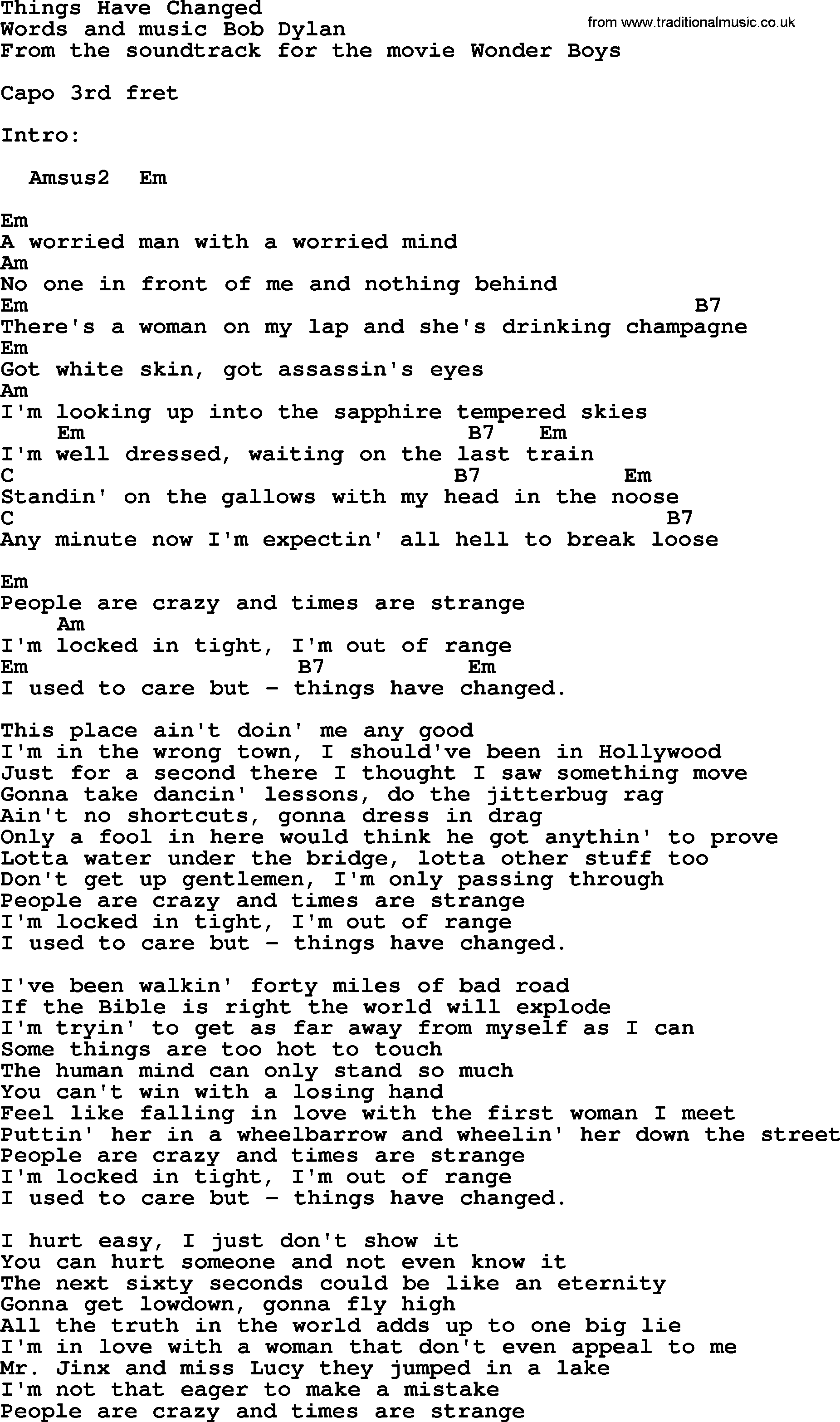 Bob Dylan song, lyrics with chords - Things Have Changed