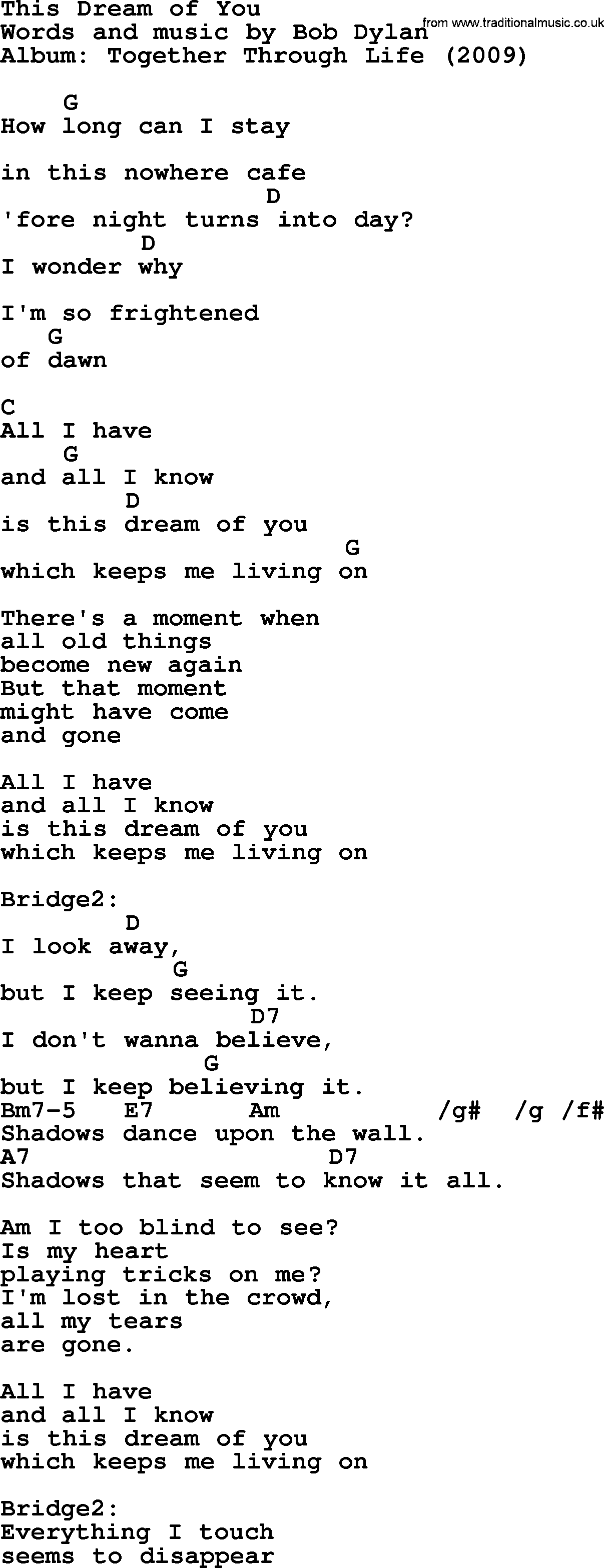 Bob Dylan song, lyrics with chords - This Dream of You
