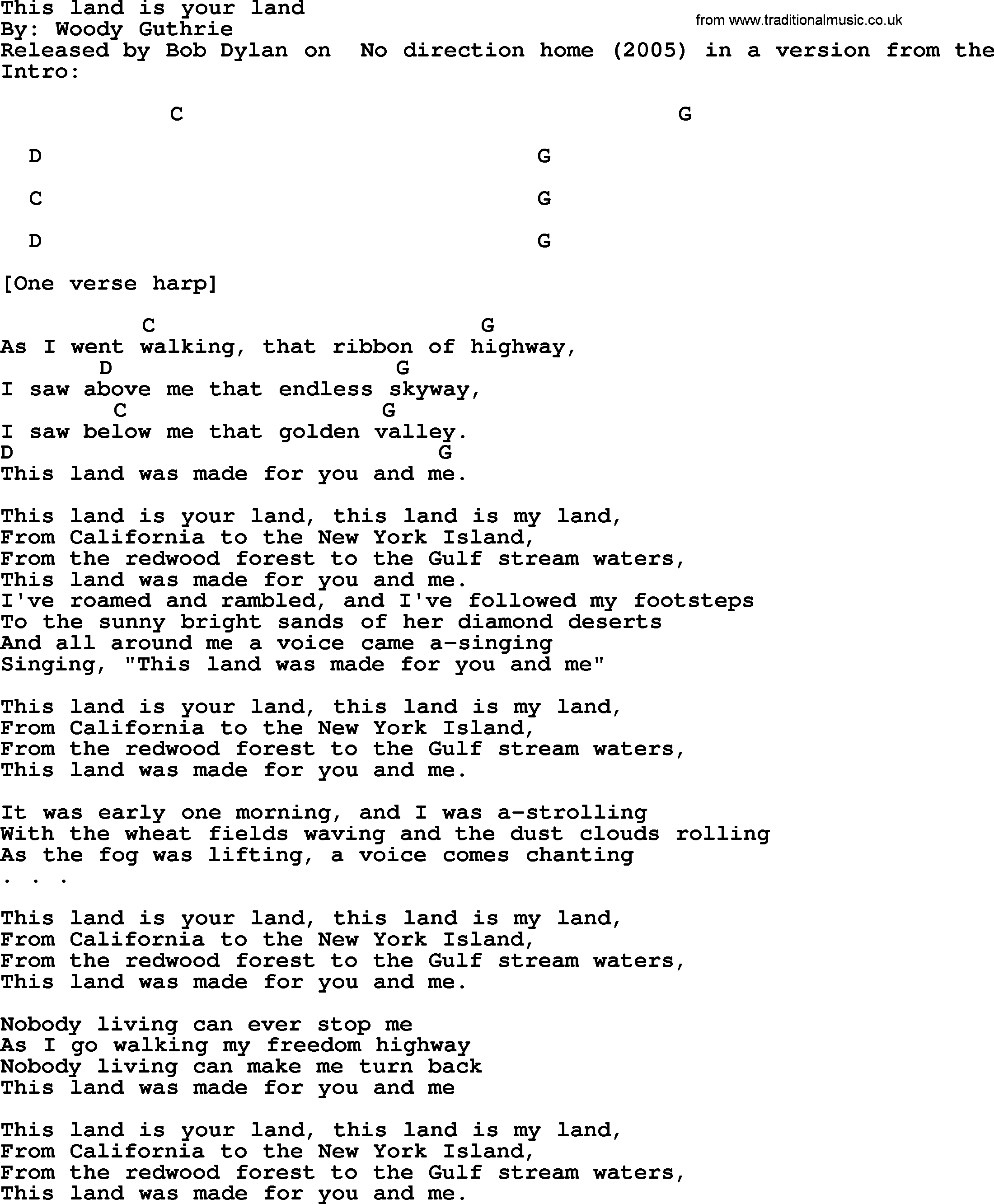 Bob Dylan song, lyrics with chords - This land is your land