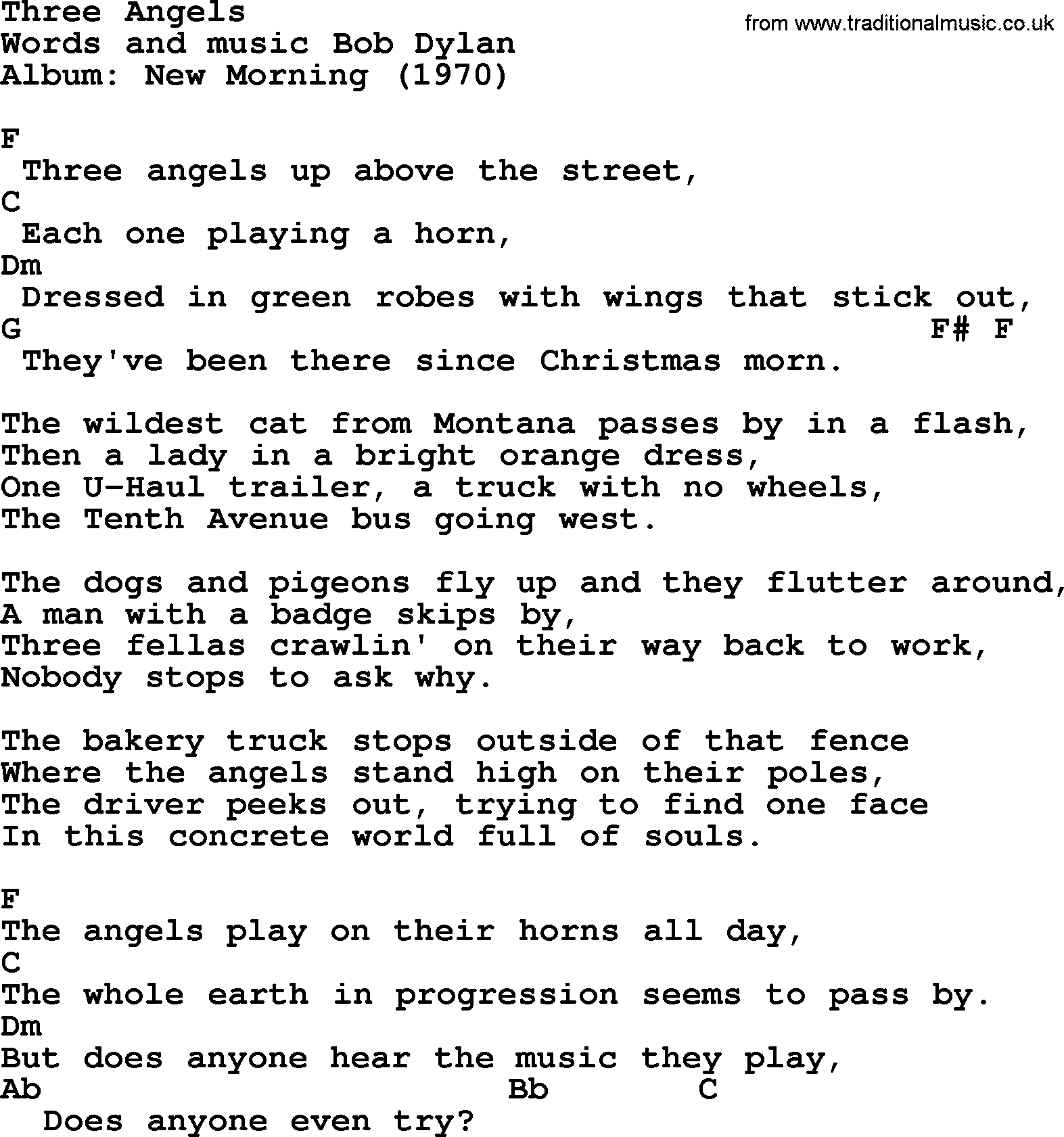 Bob Dylan song, lyrics with chords - Three Angels