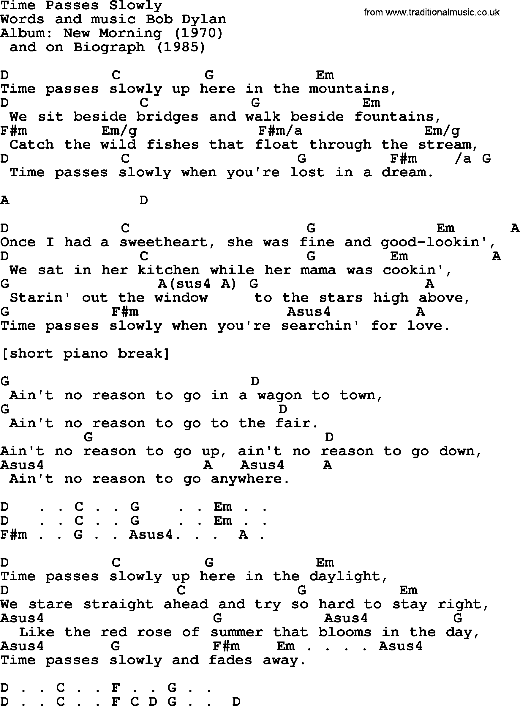 Bob Dylan song, lyrics with chords - Time Passes Slowly