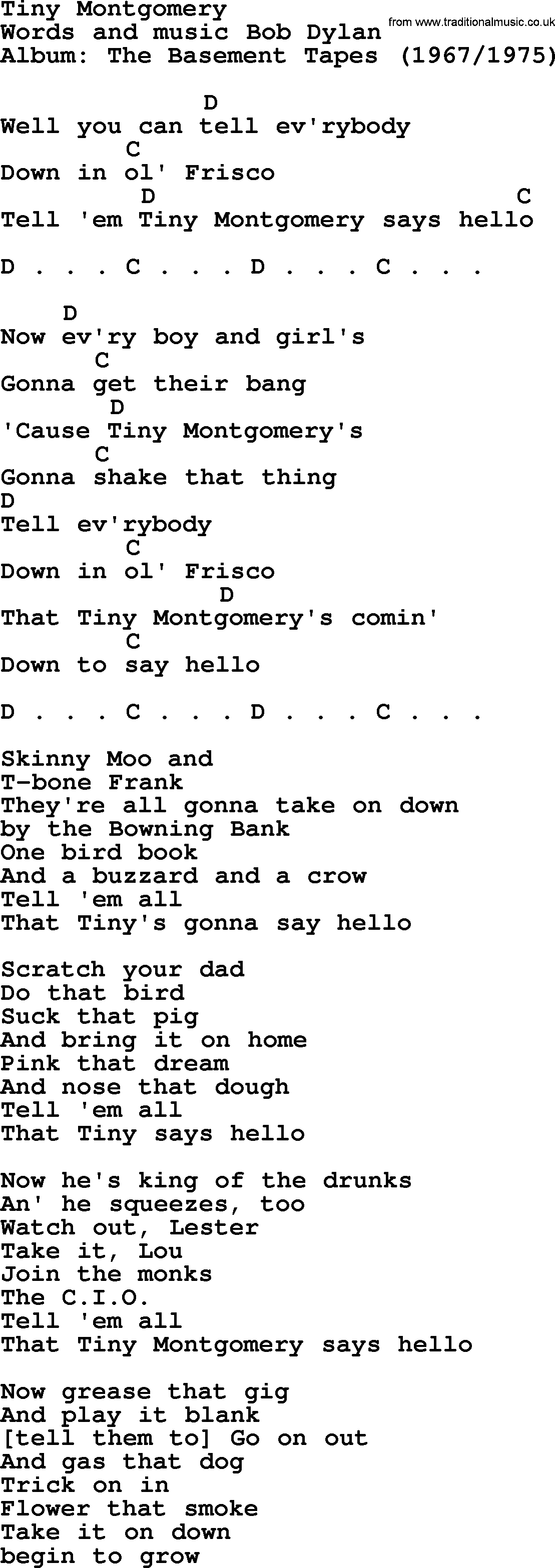 Bob Dylan song, lyrics with chords - Tiny Montgomery