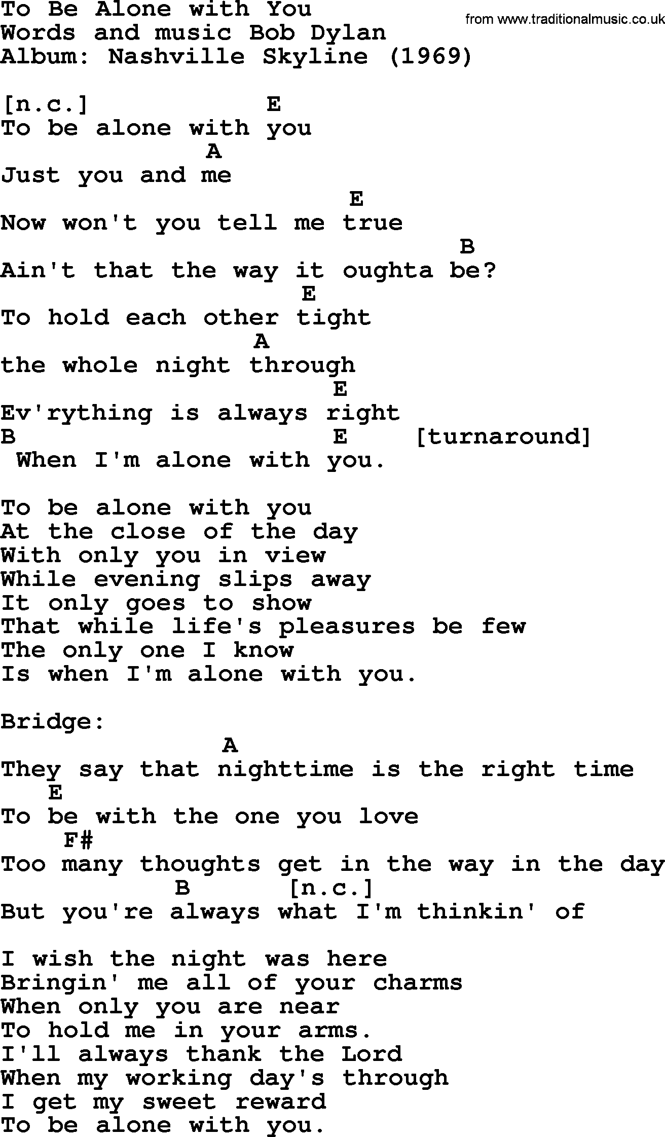 Bob Dylan song, lyrics with chords - To Be Alone with You