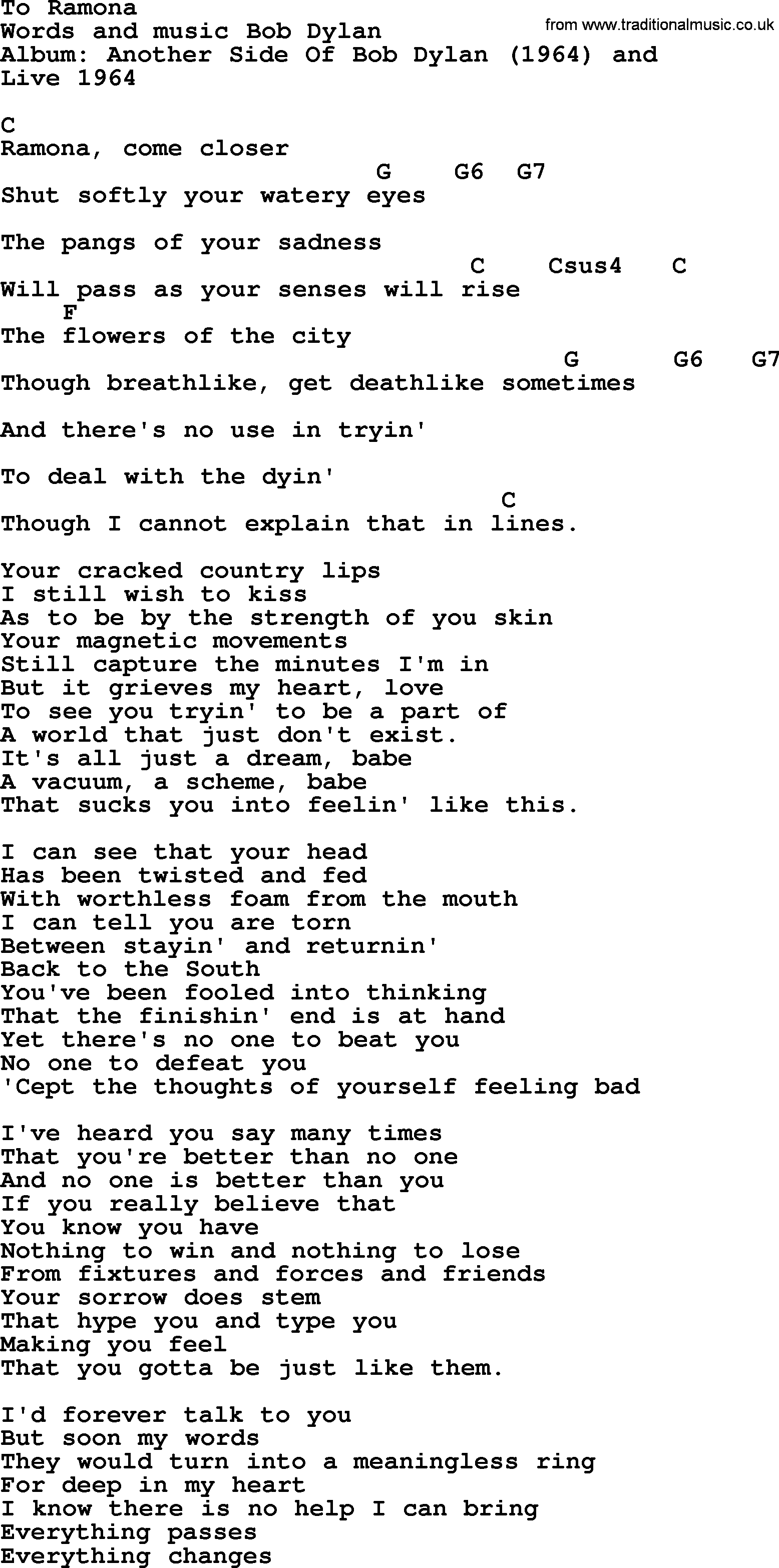 Bob Dylan song, lyrics with chords - To Ramona
