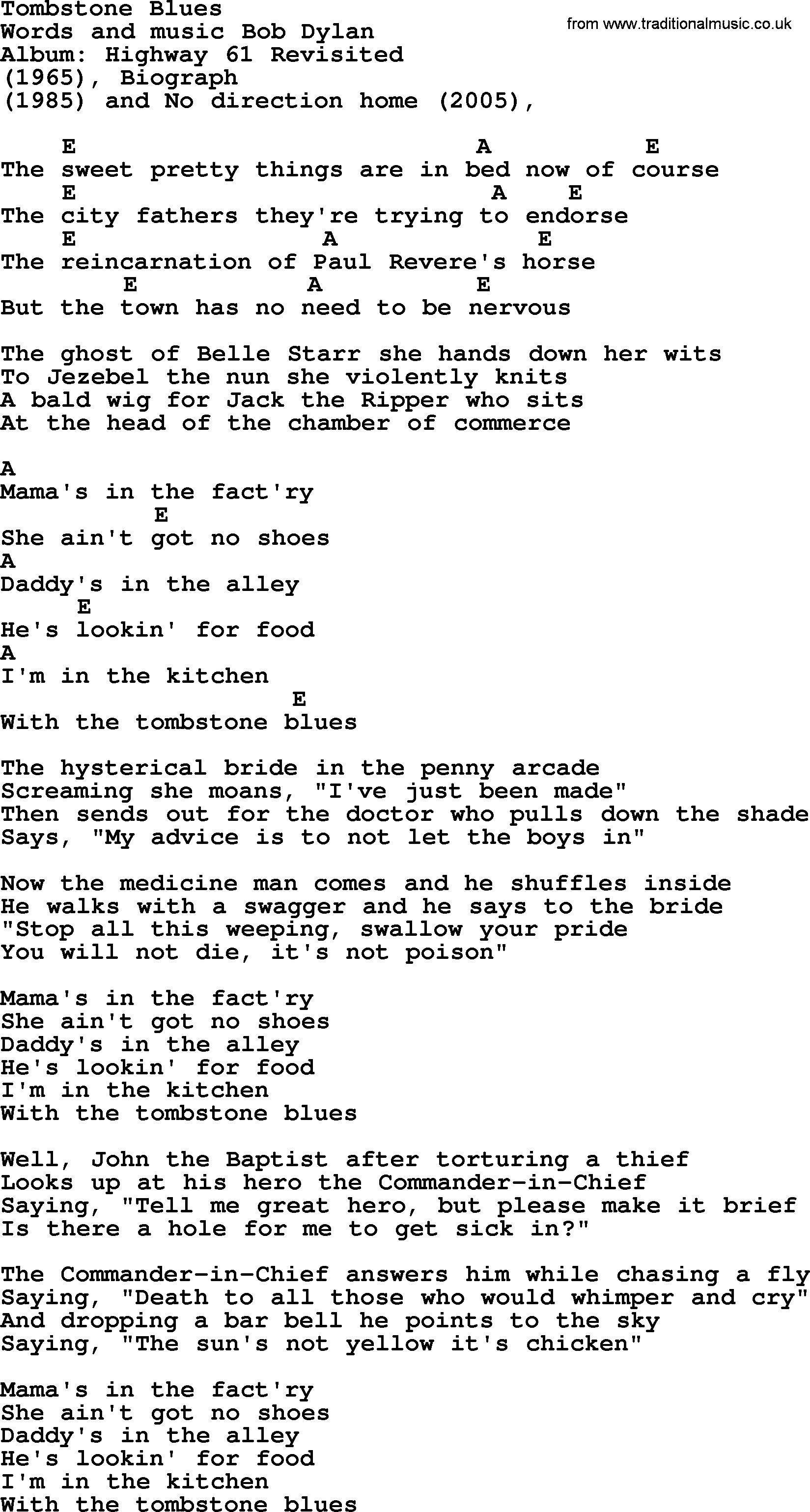 Bob Dylan song, lyrics with chords - Tombstone Blues