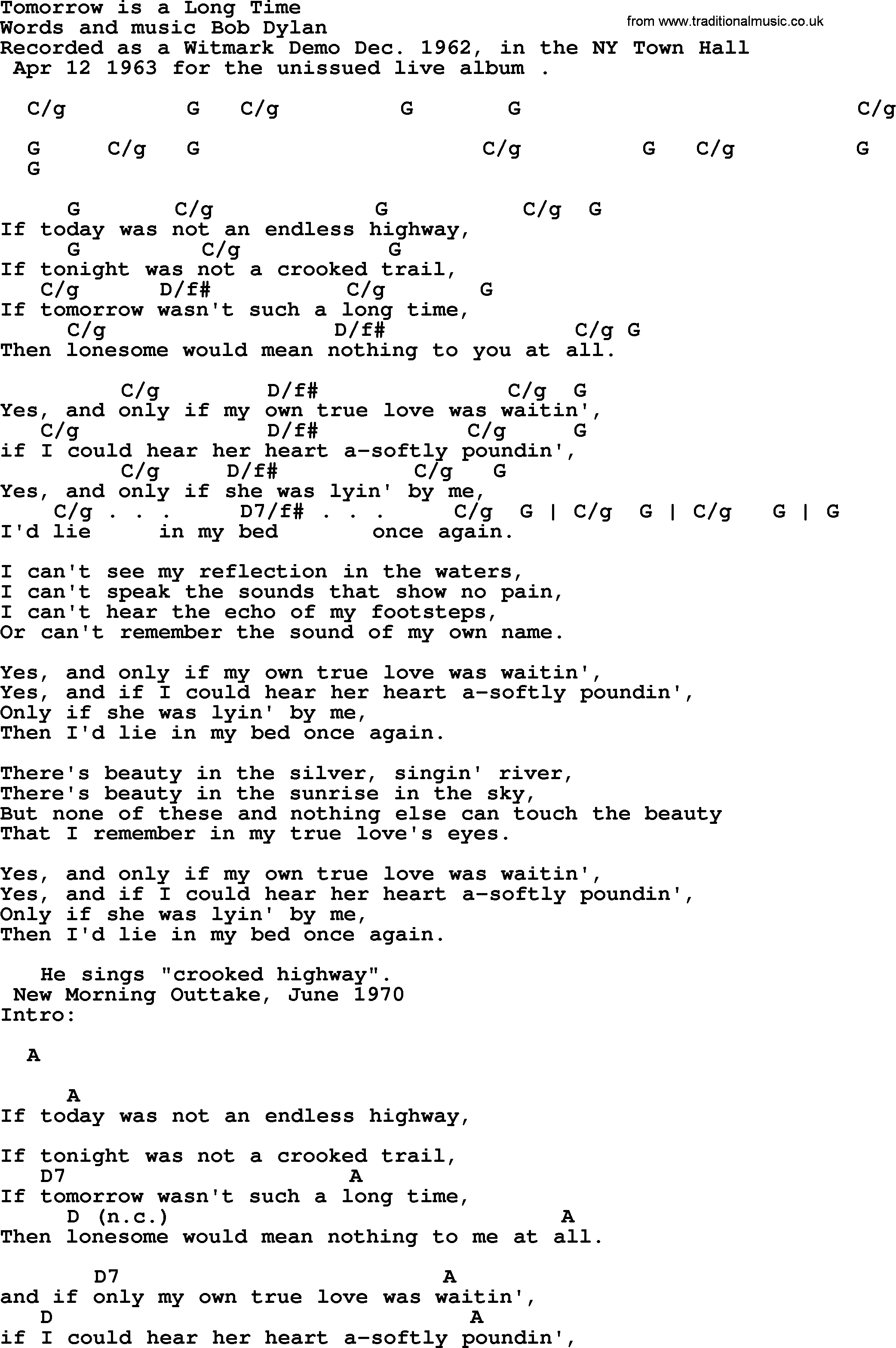 Bob Dylan song, lyrics with chords - Tomorrow is a Long Time