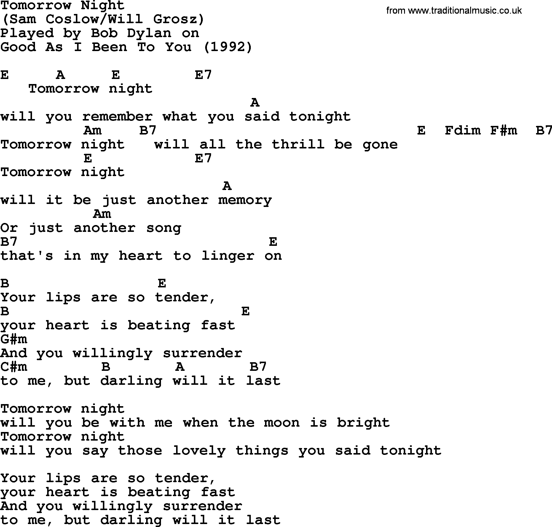 Bob Dylan song, lyrics with chords - Tomorrow Night