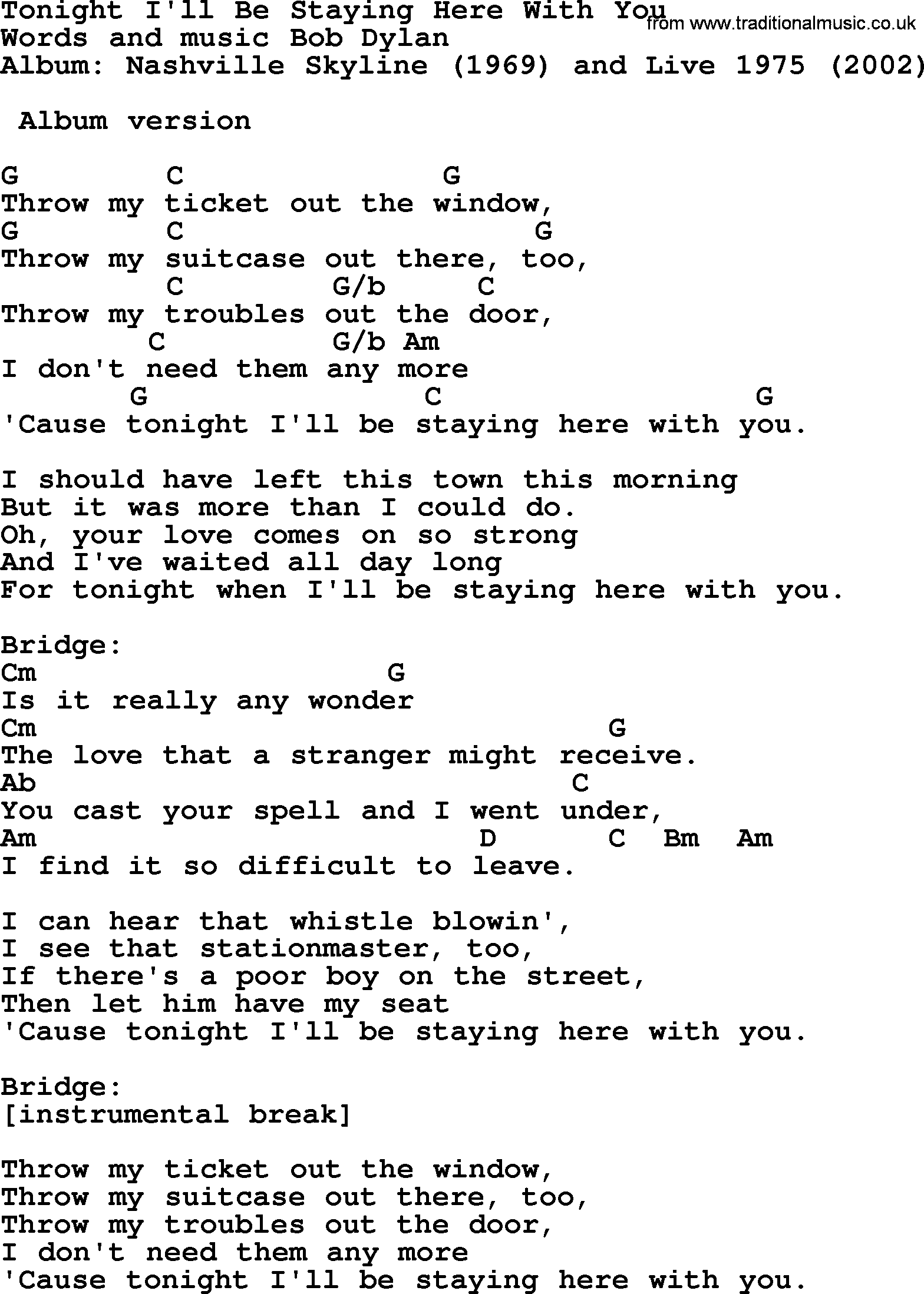 Bob Dylan song, lyrics with chords - Tonight I'll Be Staying Here With You