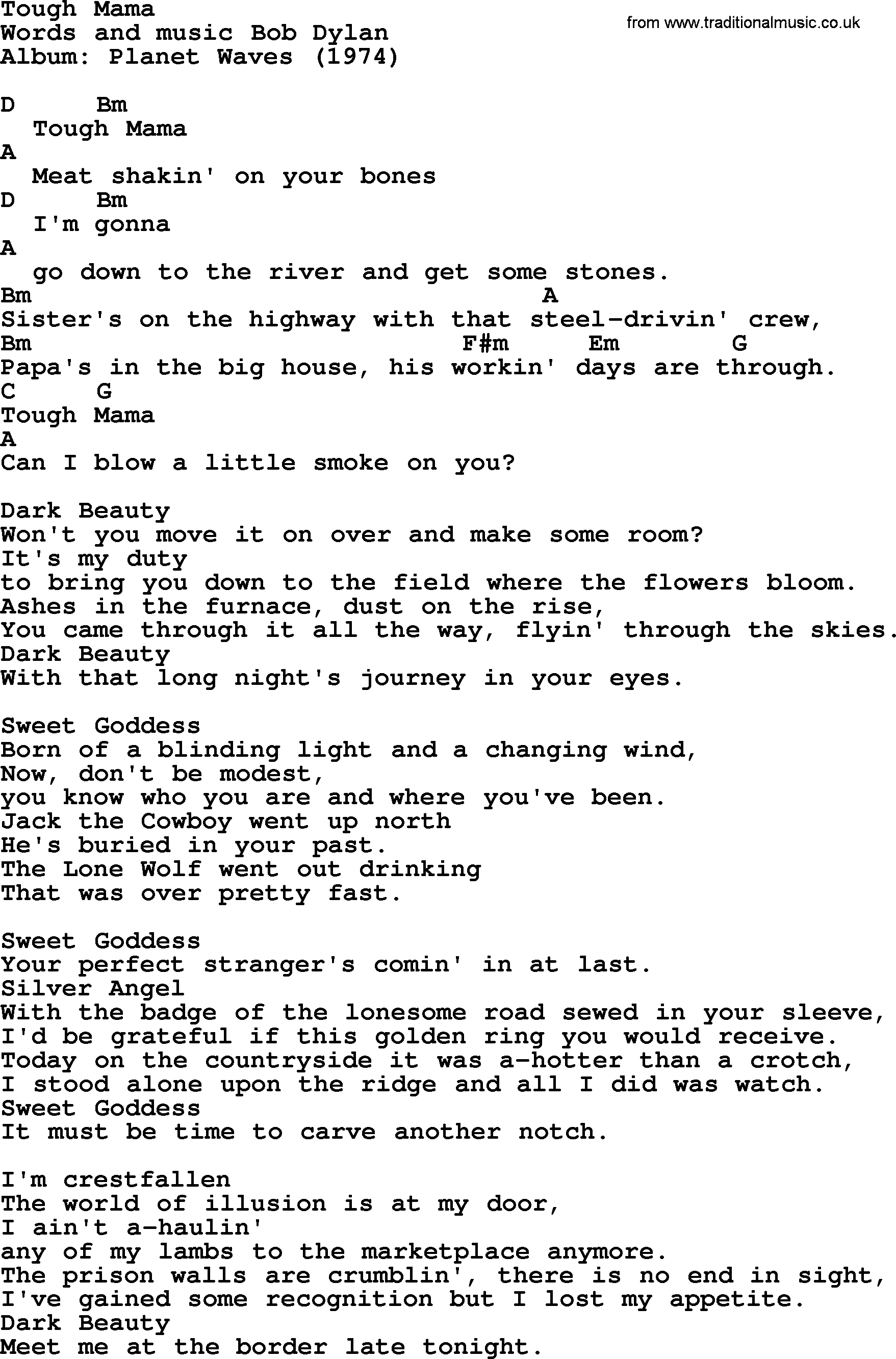 Bob Dylan song, lyrics with chords - Tough Mama