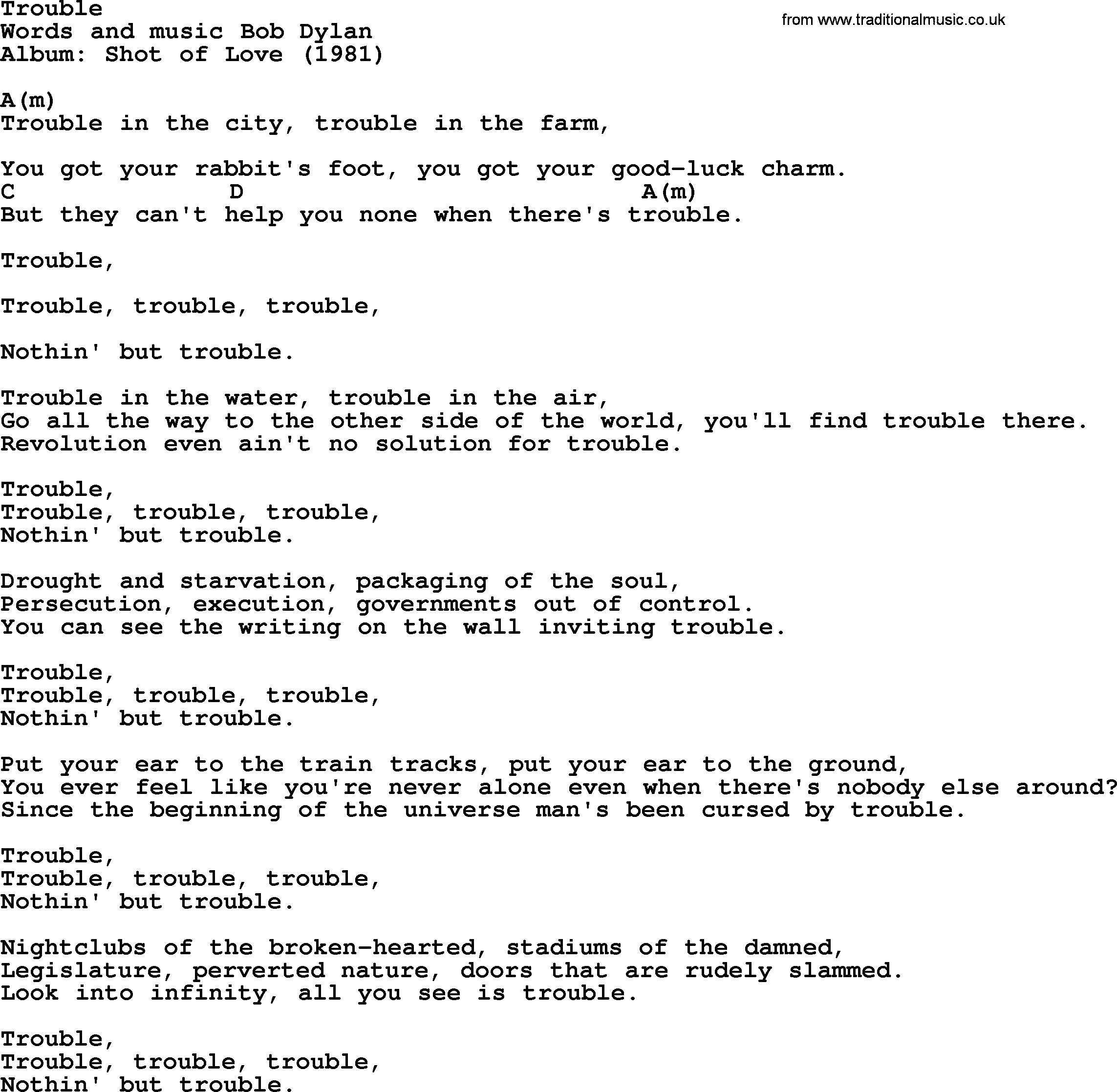 Bob Dylan song, lyrics with chords - Trouble