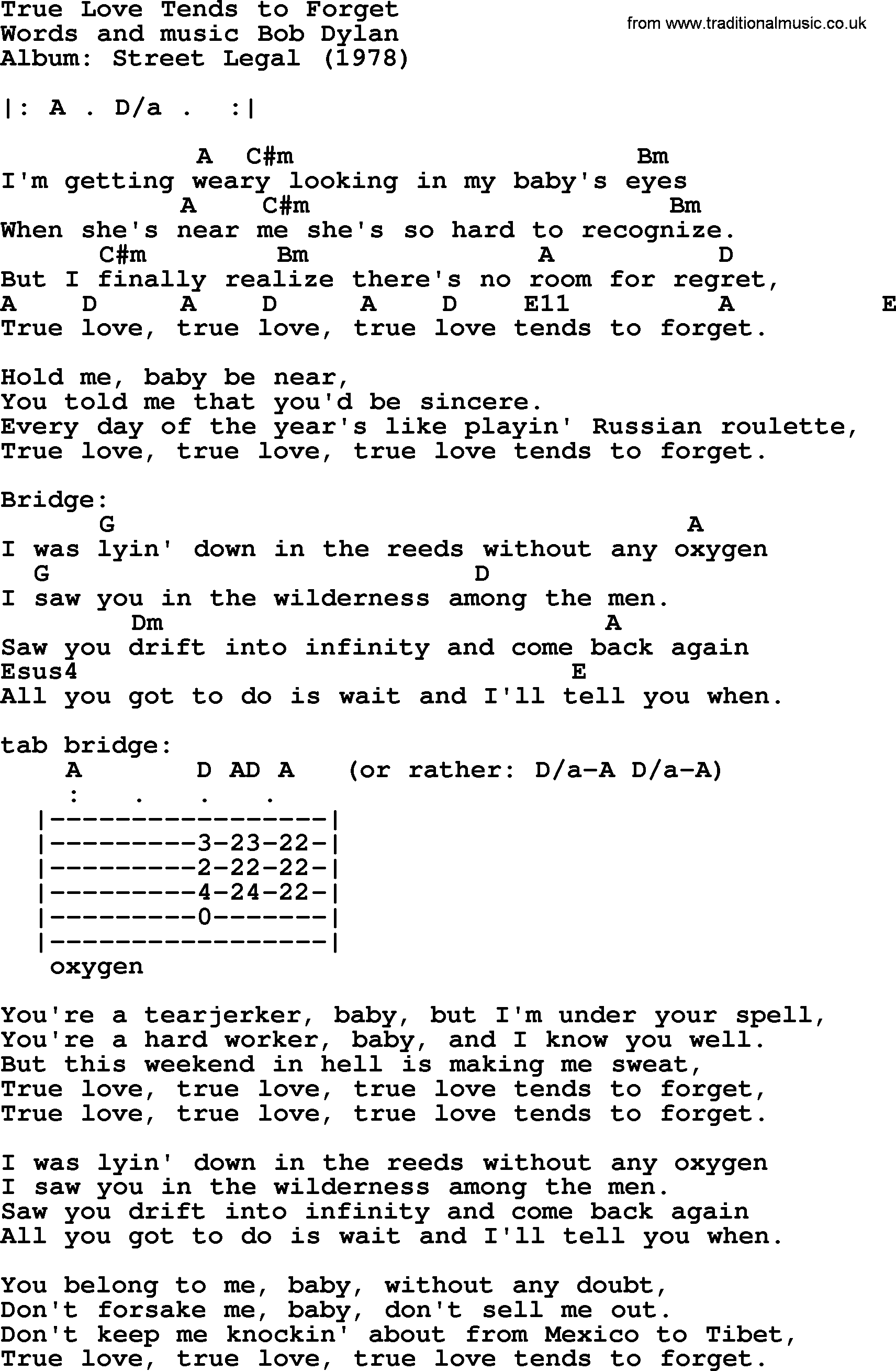Bob Dylan song, lyrics with chords - True Love Tends to Forget