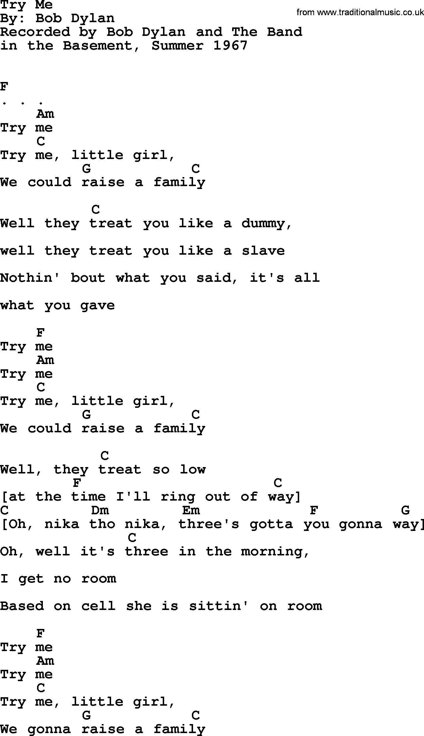 Bob Dylan song, lyrics with chords - Try Me