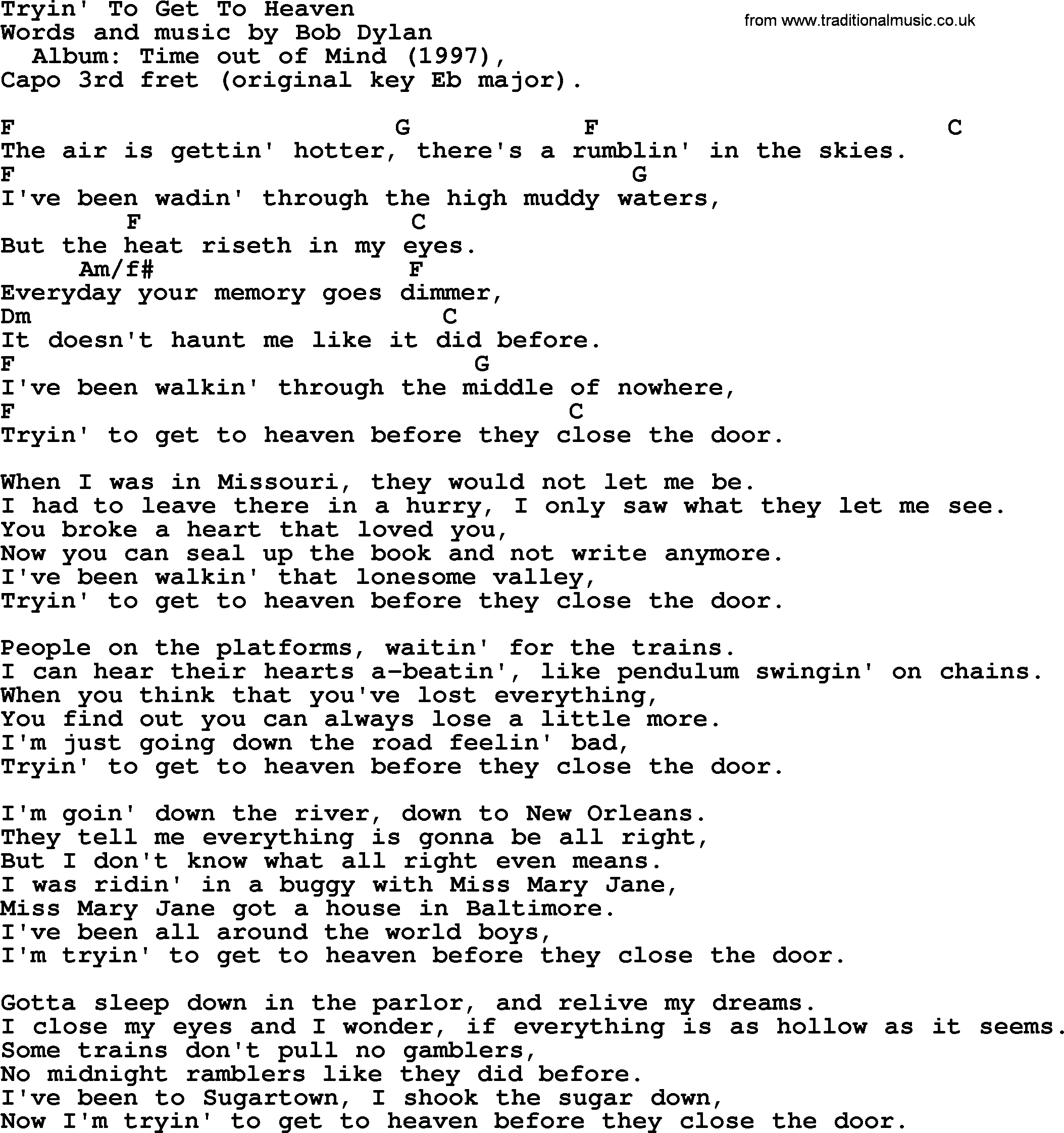 Bob Dylan song, lyrics with chords - Tryin' To Get To Heaven
