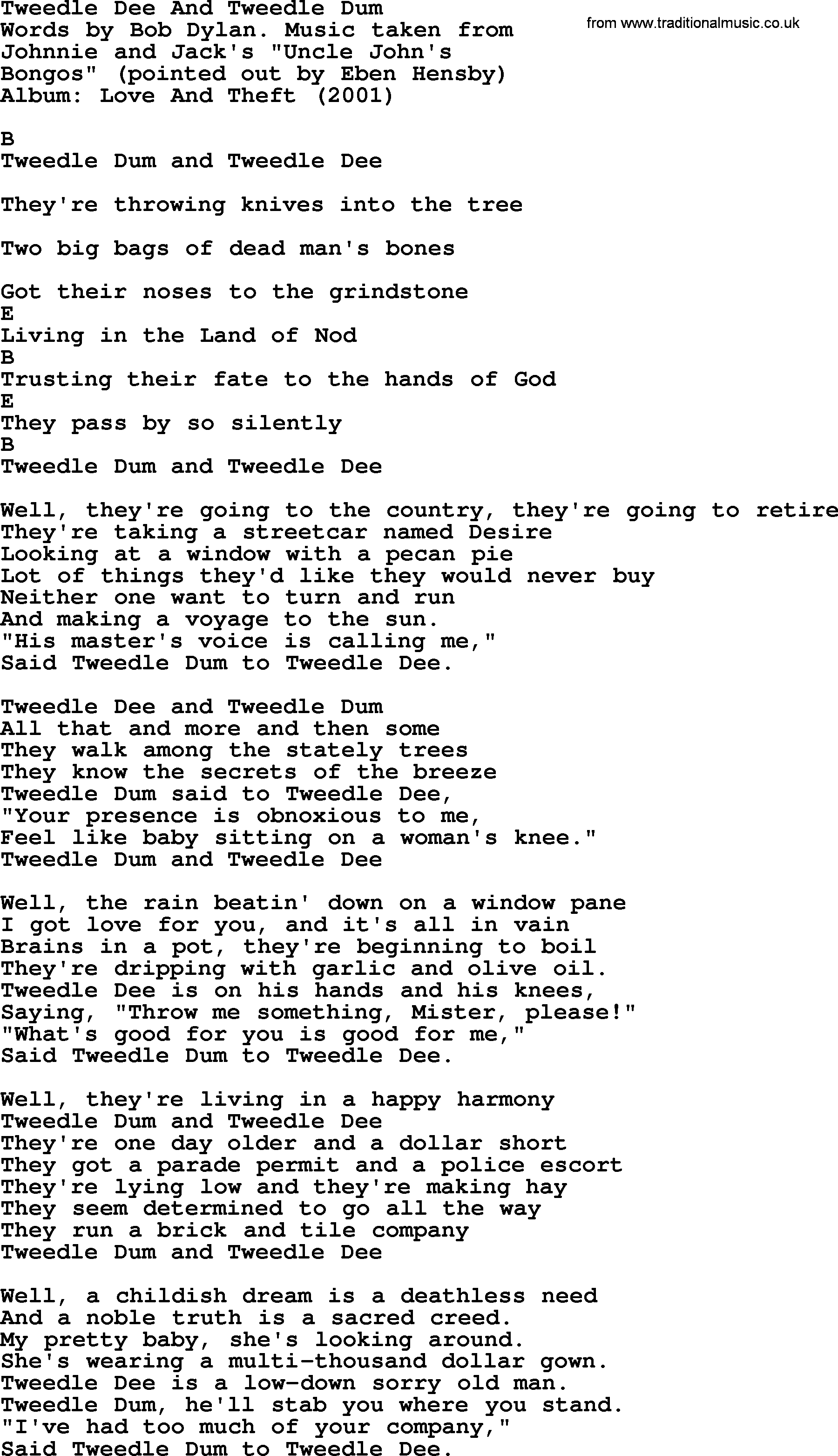 Bob Dylan song, lyrics with chords - Tweedle Dee And Tweedle Dum