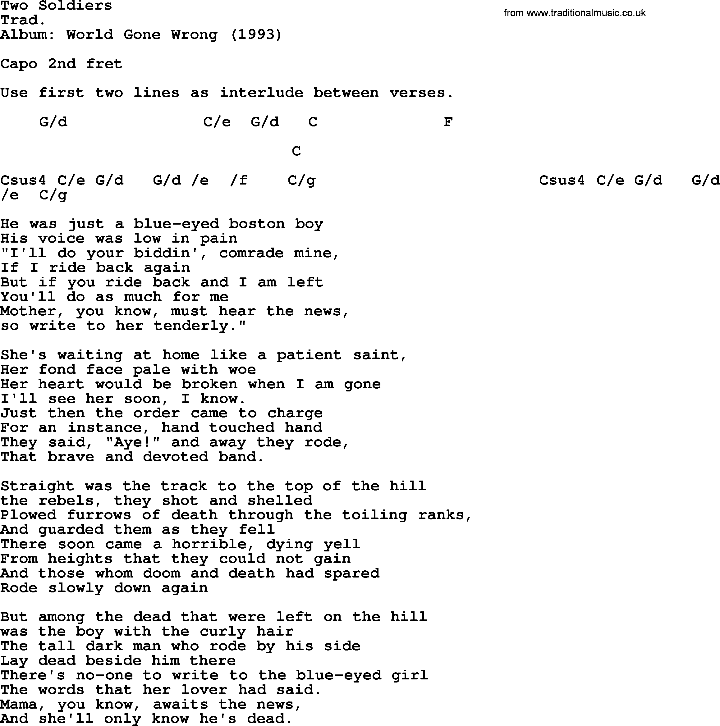 Bob Dylan song, lyrics with chords - Two Soldiers