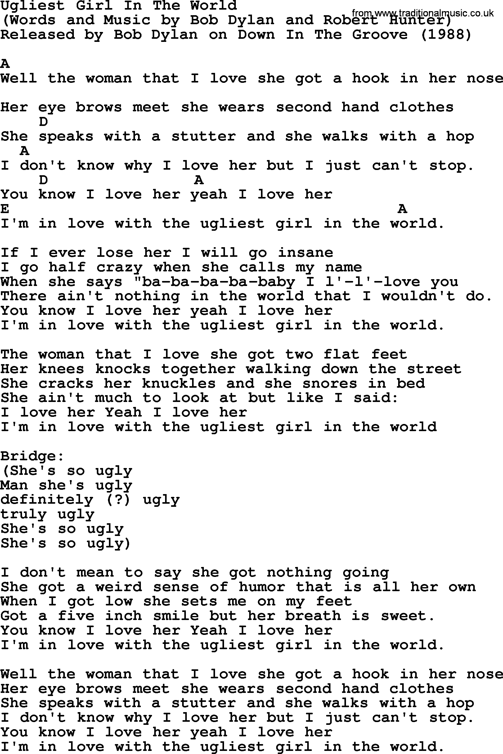 Bob Dylan song, lyrics with chords - Ugliest Girl In The World
