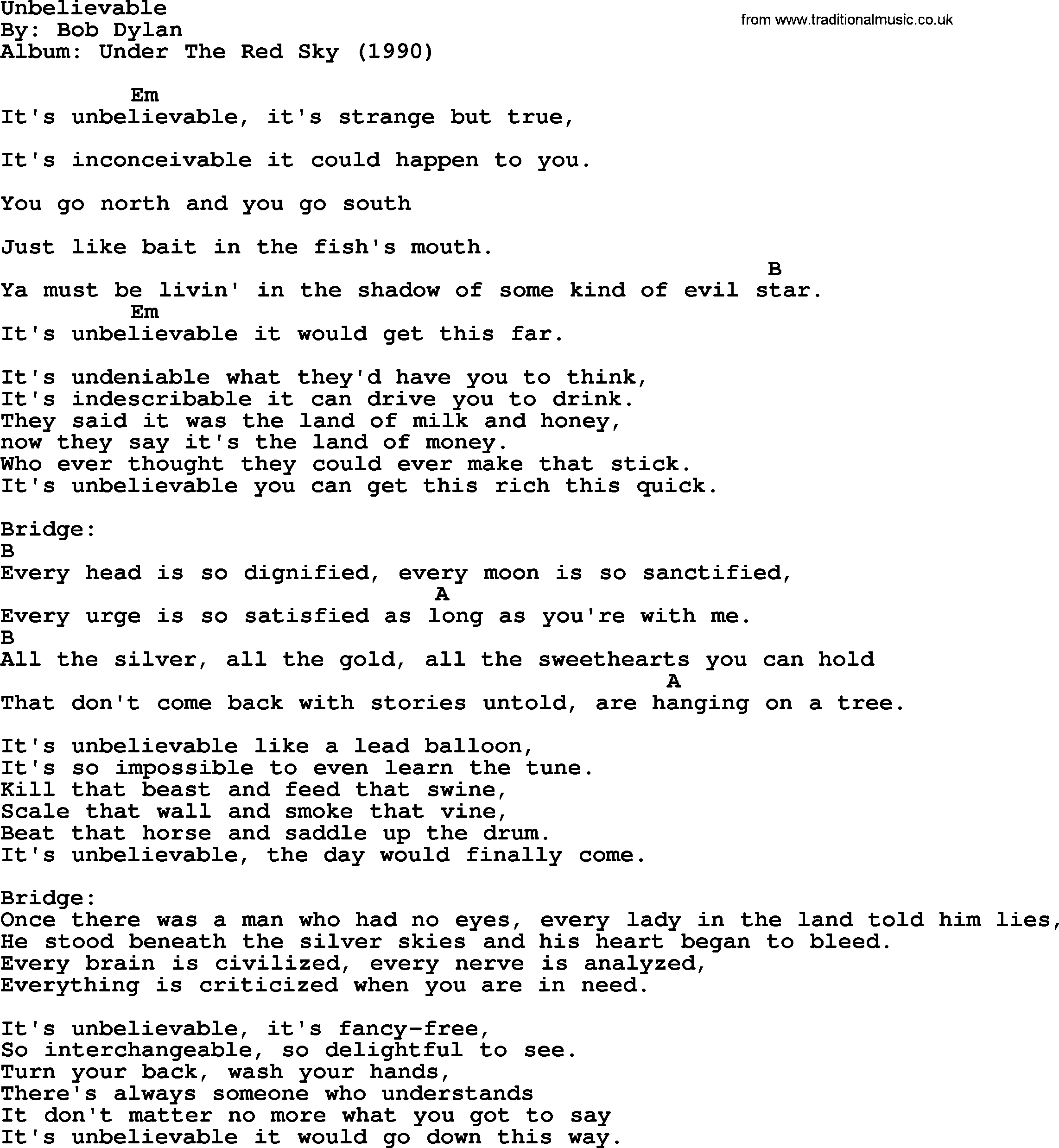 Bob Dylan song, lyrics with chords - Unbelievable