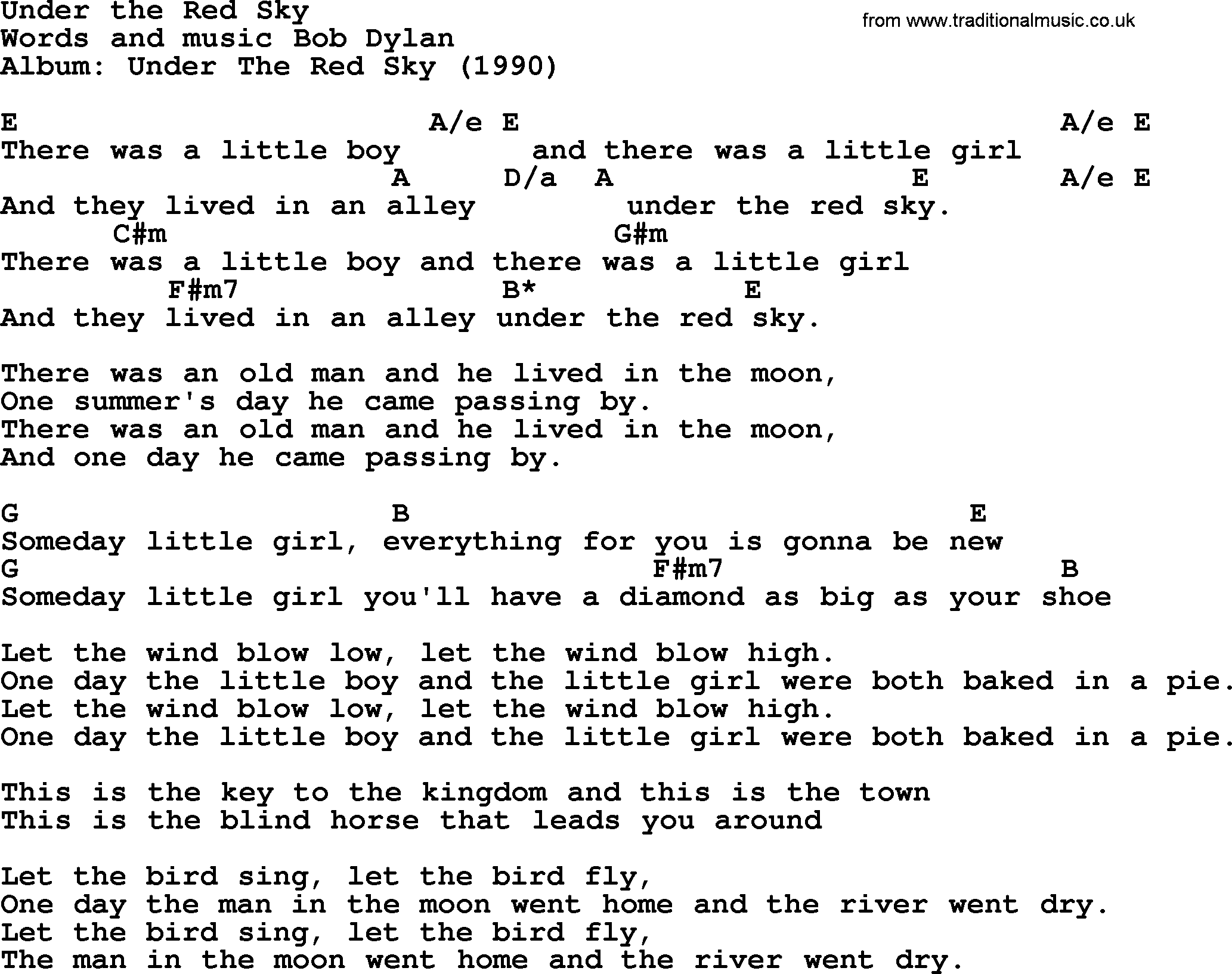 Bob Dylan song, lyrics with chords - Under the Red Sky