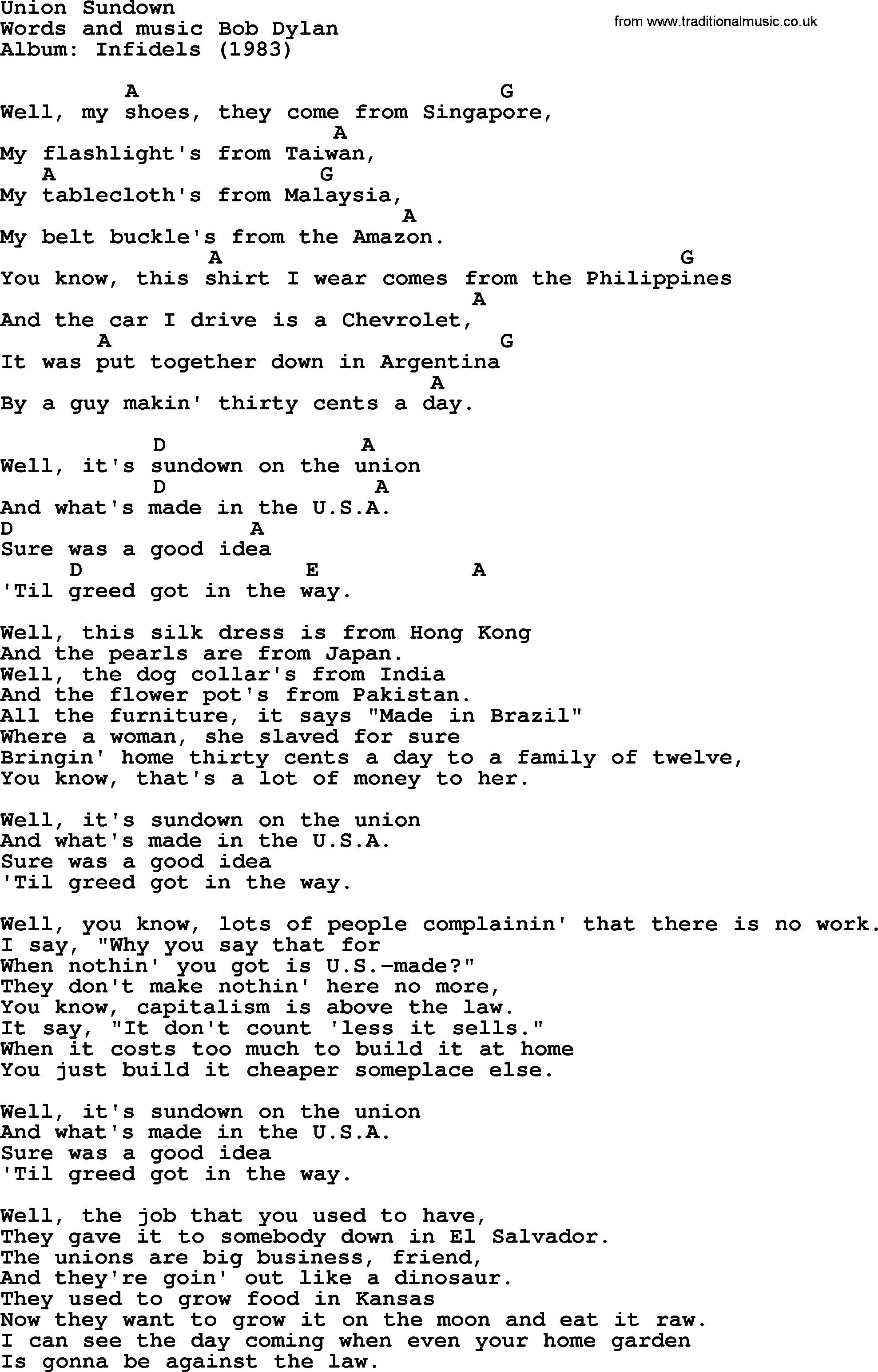 Bob Dylan song, lyrics with chords - Union Sundown