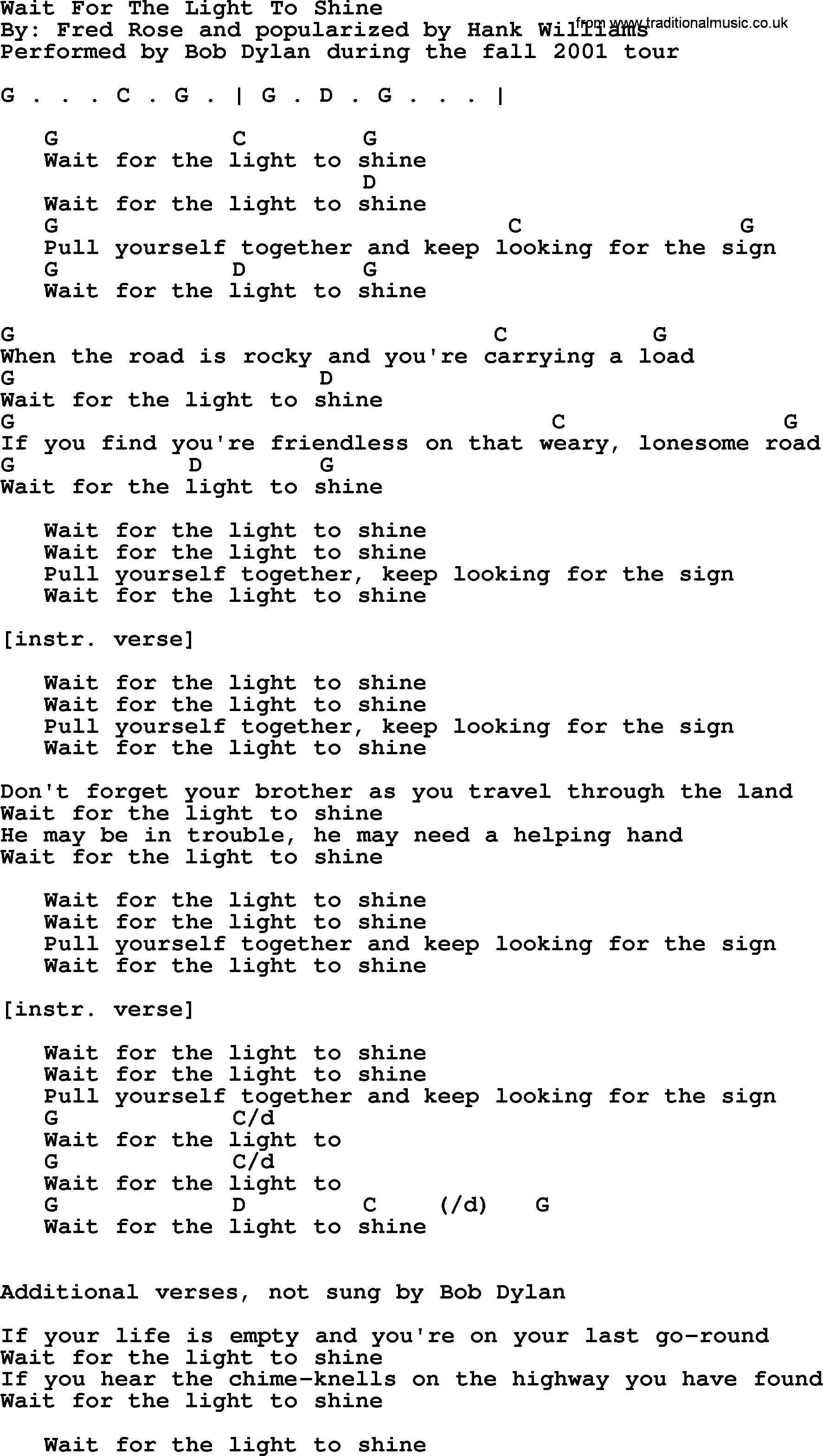 Bob Dylan song, lyrics with chords - Wait For The Light To Shine
