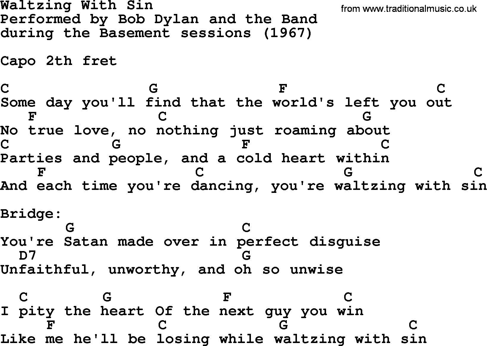 Bob Dylan song, lyrics with chords - Waltzing With Sin