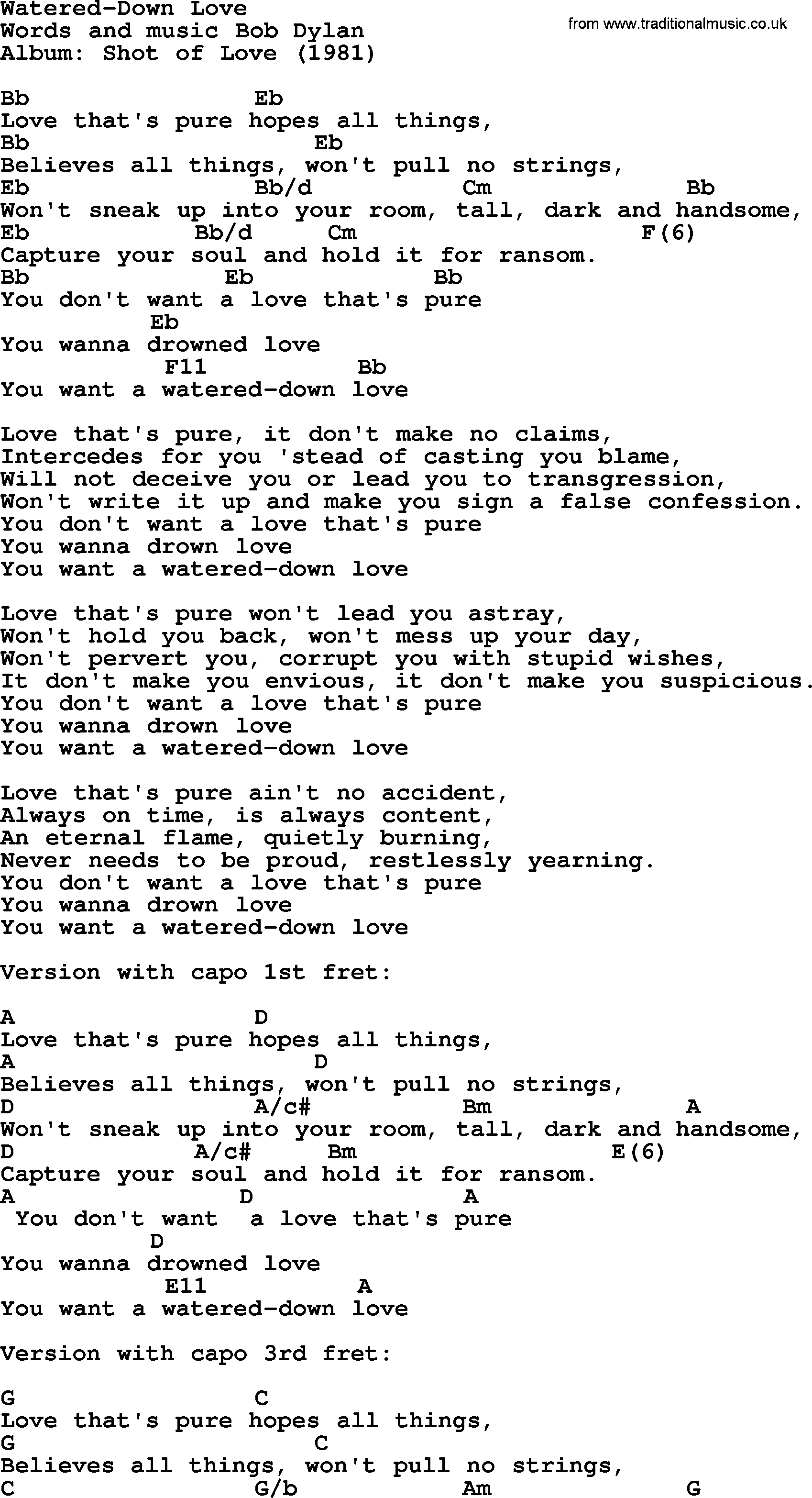 Bob Dylan song, lyrics with chords - Watered-Down Love