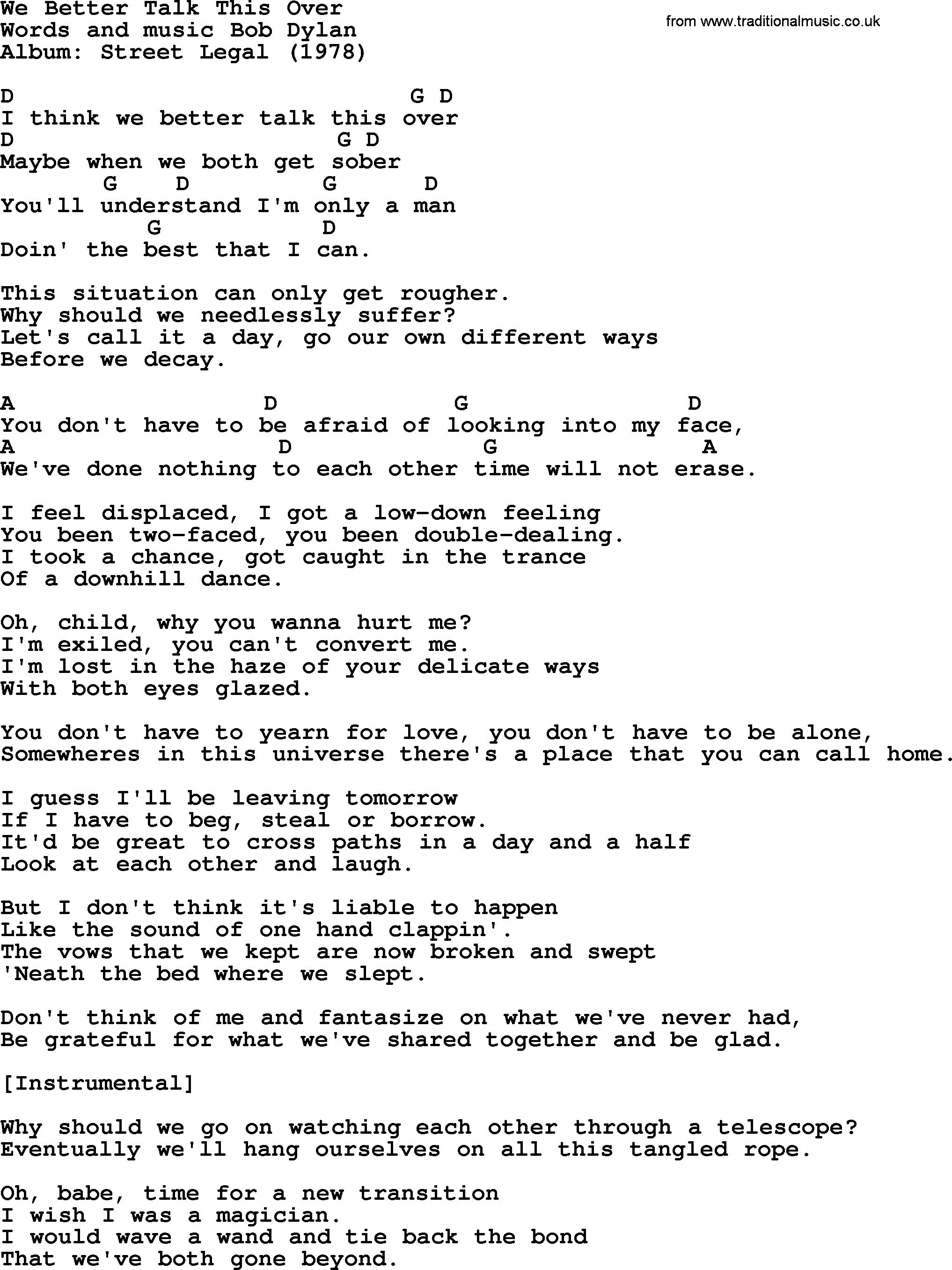 Bob Dylan song, lyrics with chords - We Better Talk This Over