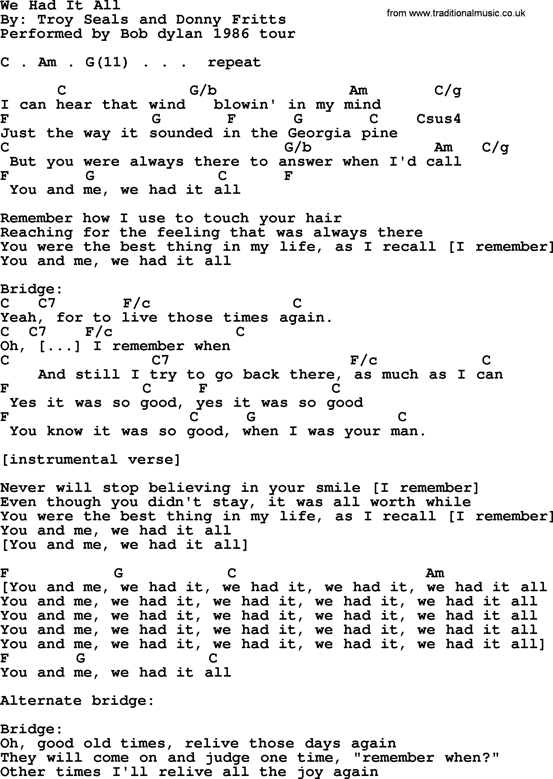 Bob Dylan song, lyrics with chords - We Had It All