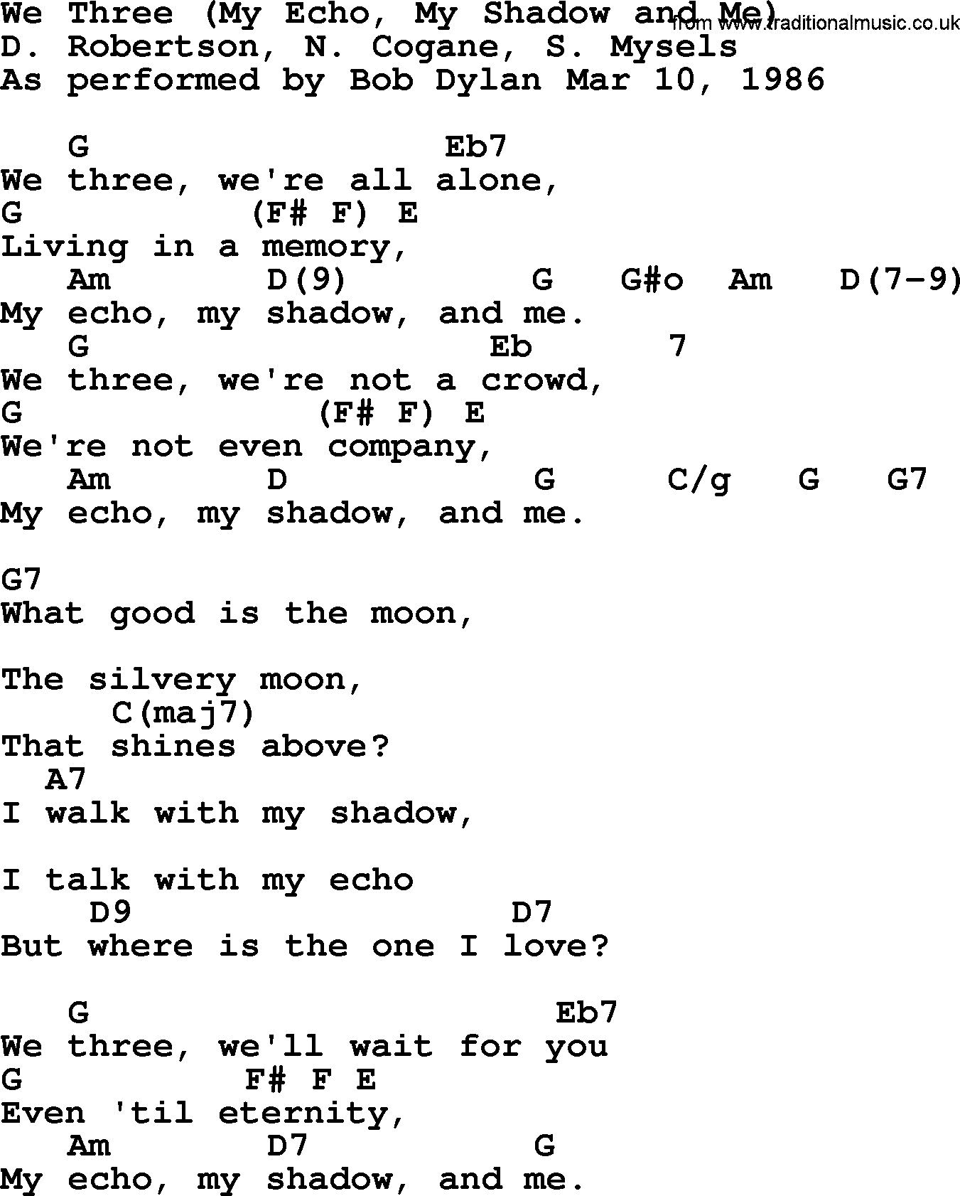 Bob Dylan song, lyrics with chords - We Three (My Echo, My Shadow and Me)