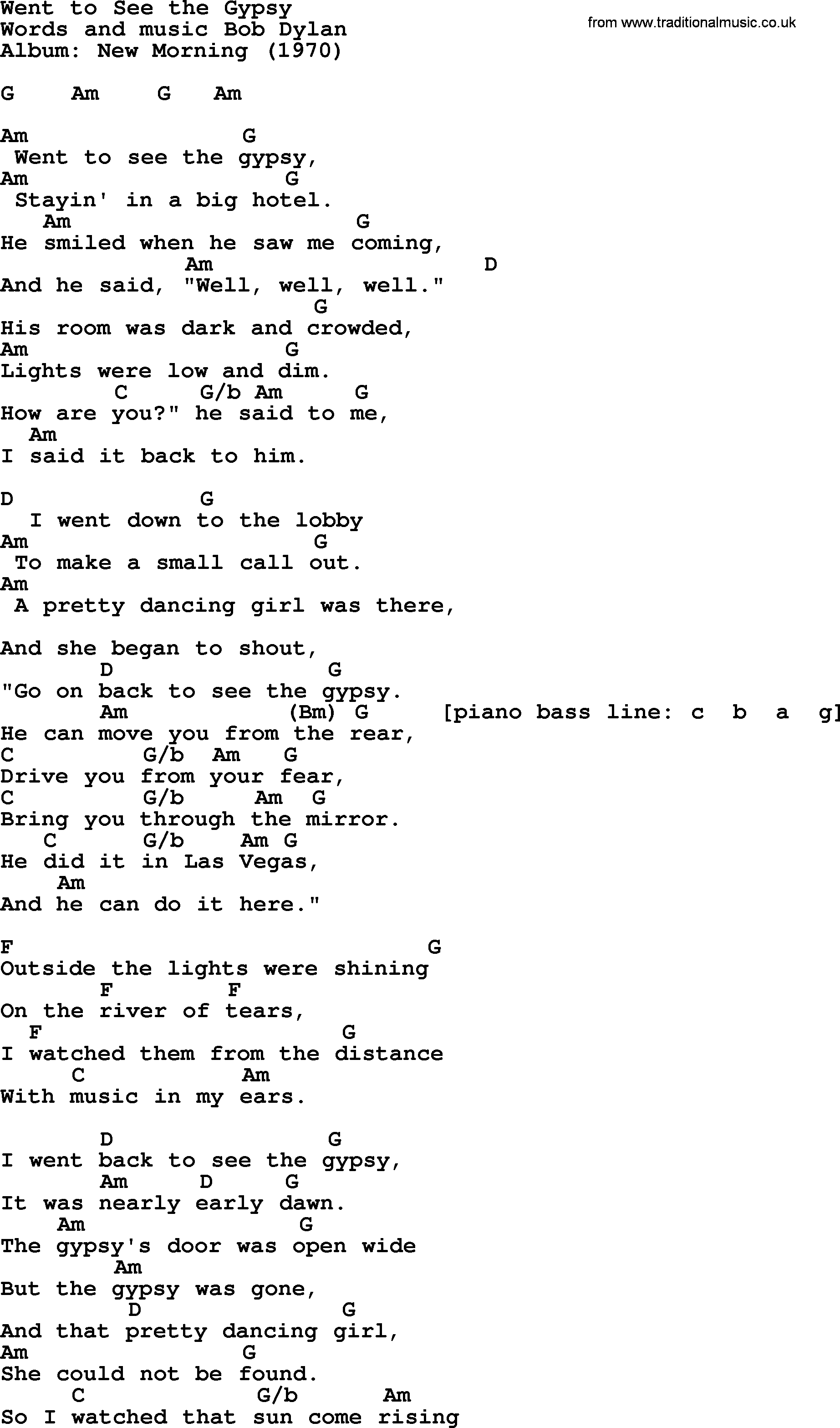 Bob Dylan song, lyrics with chords - Went to See the Gypsy