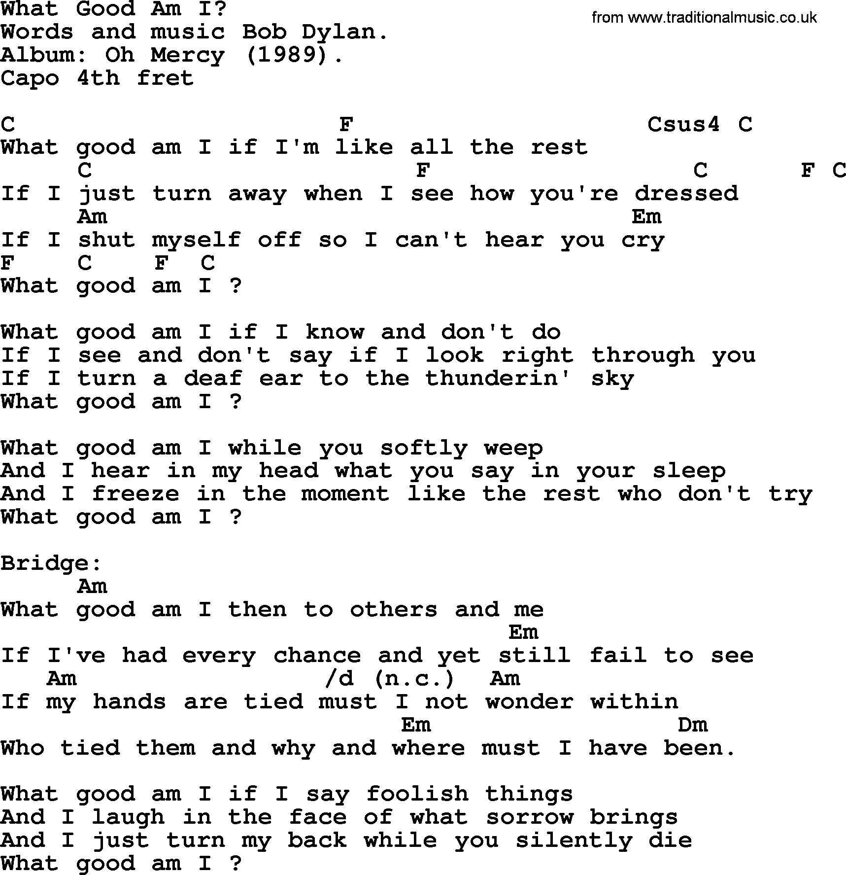 Bob Dylan song, lyrics with chords - What Good Am I