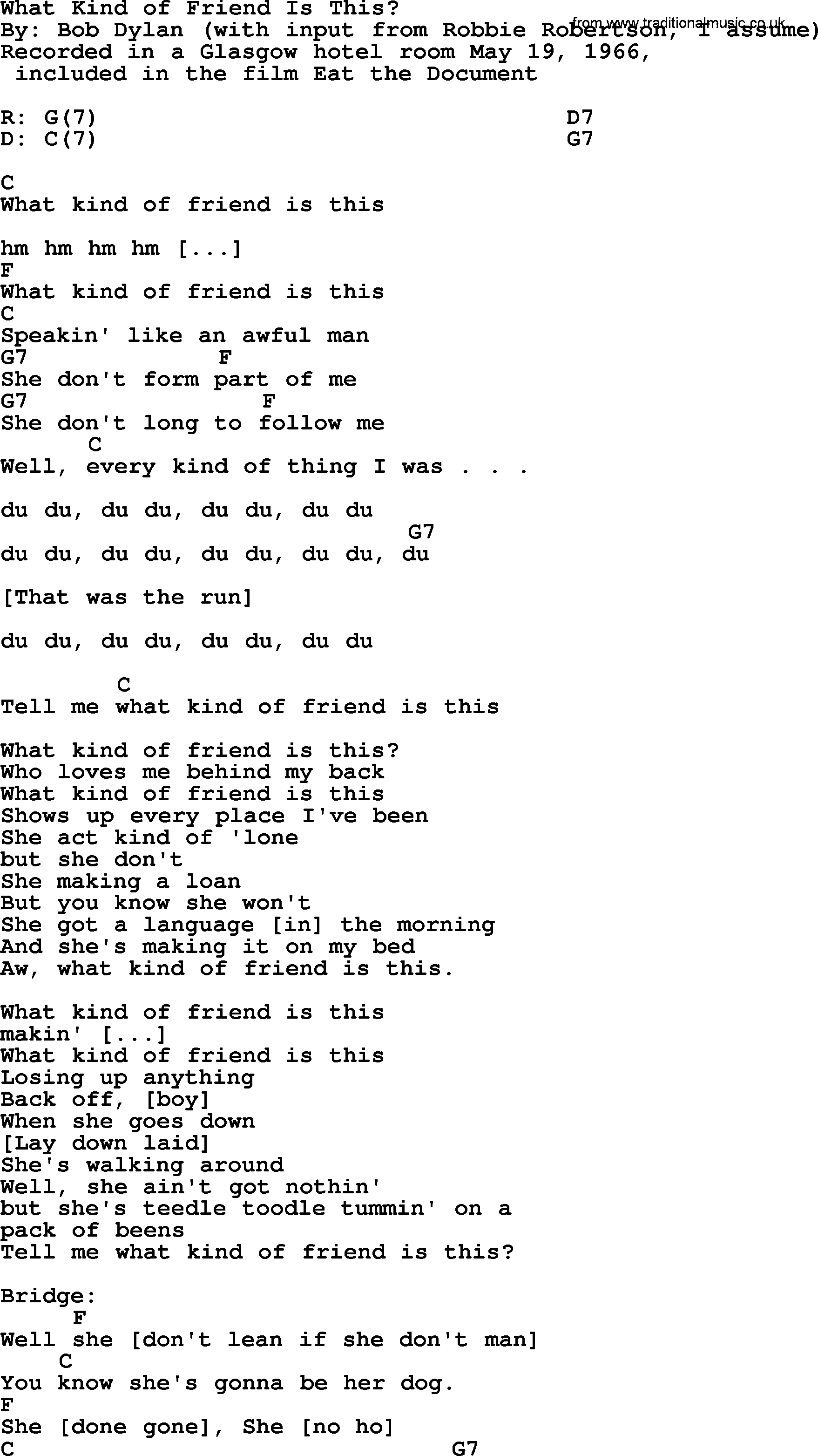 Bob Dylan song, lyrics with chords - What Kind of Friend Is This