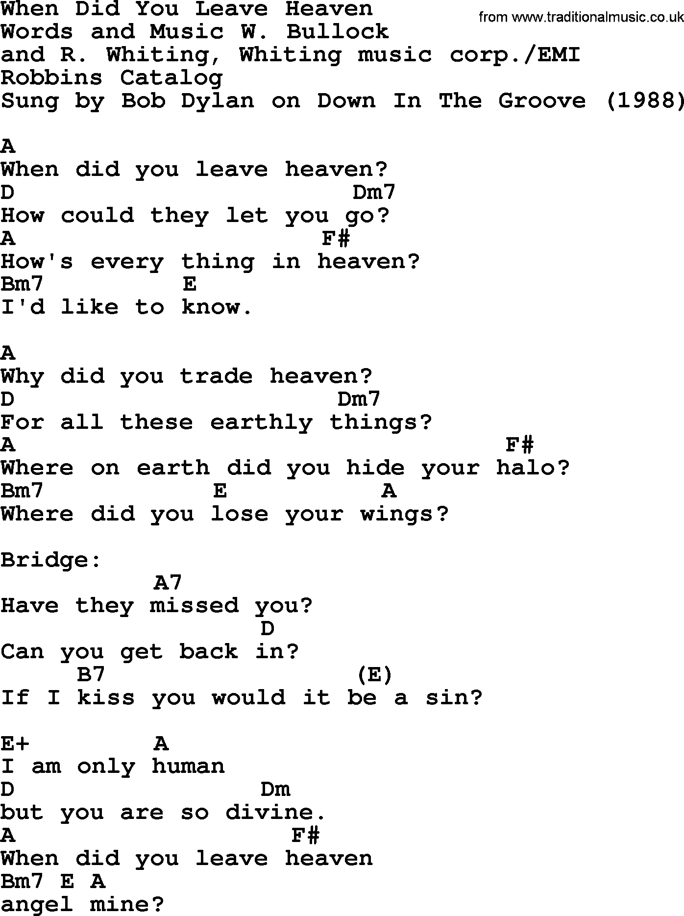 Bob Dylan song, lyrics with chords - When Did You Leave Heaven