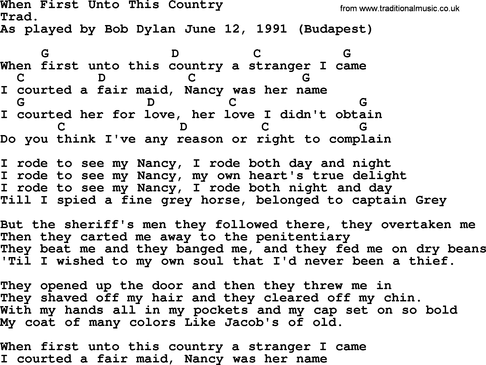 Bob Dylan song, lyrics with chords - When First Unto This Country