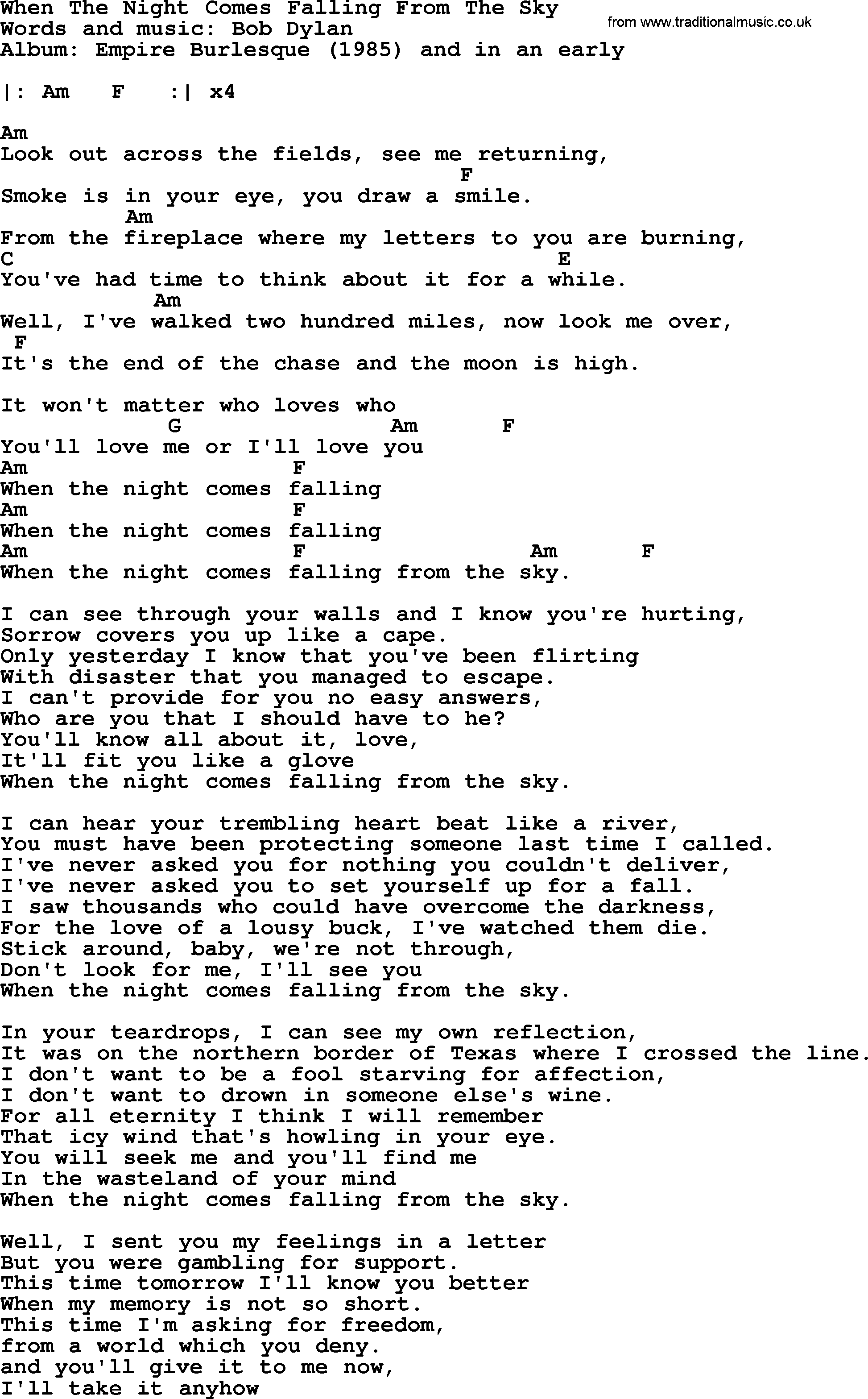 Bob Dylan song, lyrics with chords - When The Night Comes Falling From The Sky