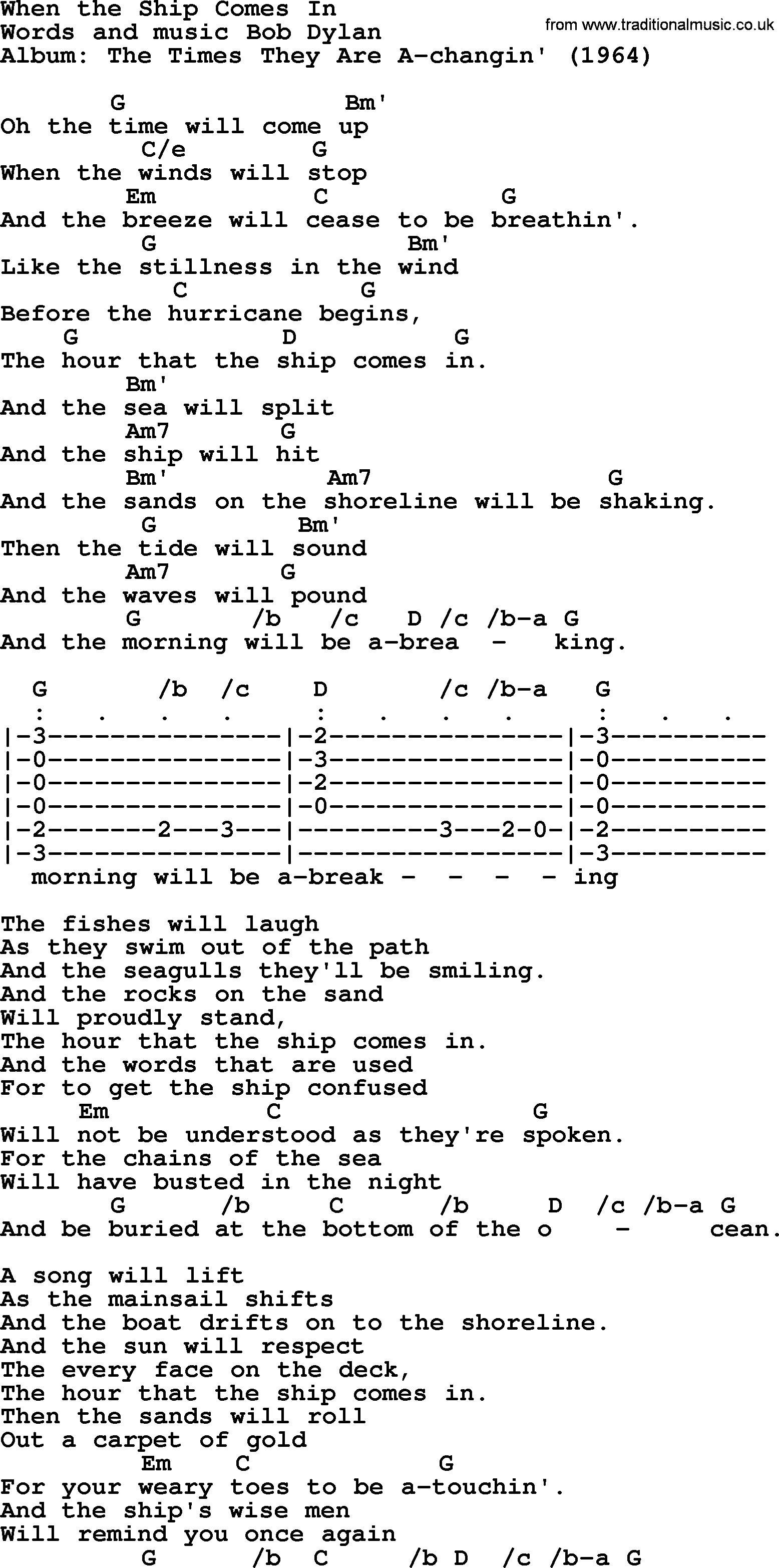 Bob Dylan song, lyrics with chords - When the Ship Comes In