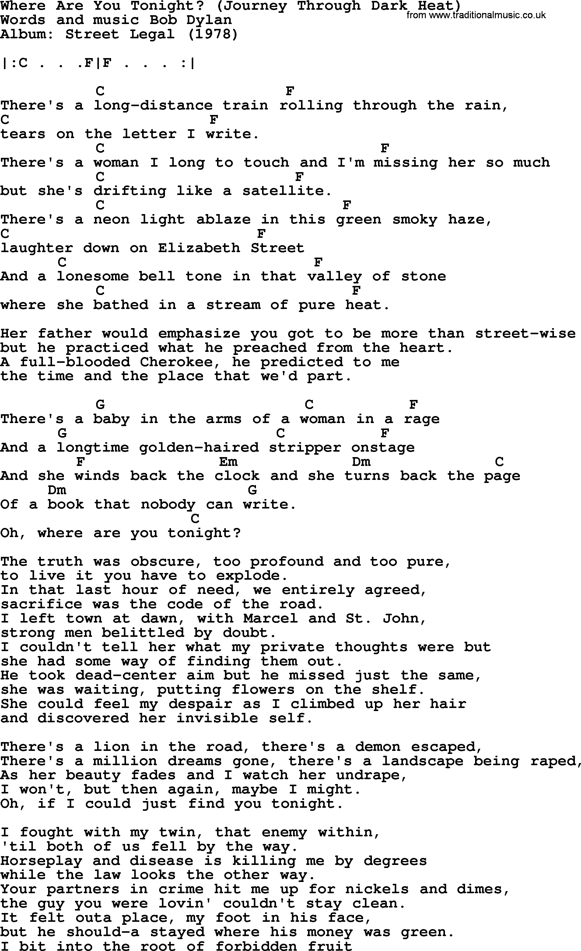 Bob Dylan song, lyrics with chords - Where Are You Tonight (Journey Through Dark Heat)