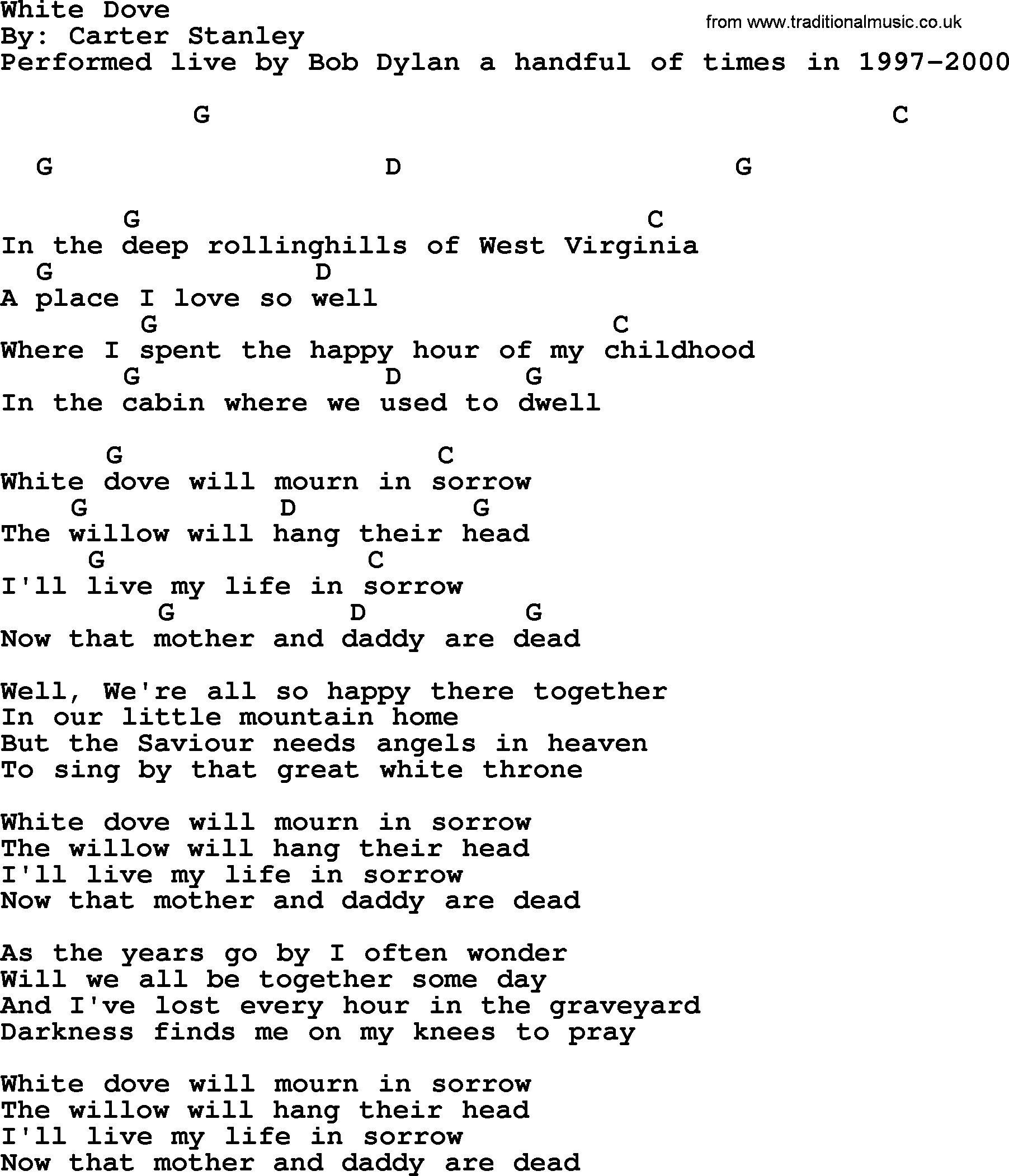 Bob Dylan song, lyrics with chords - White Dove
