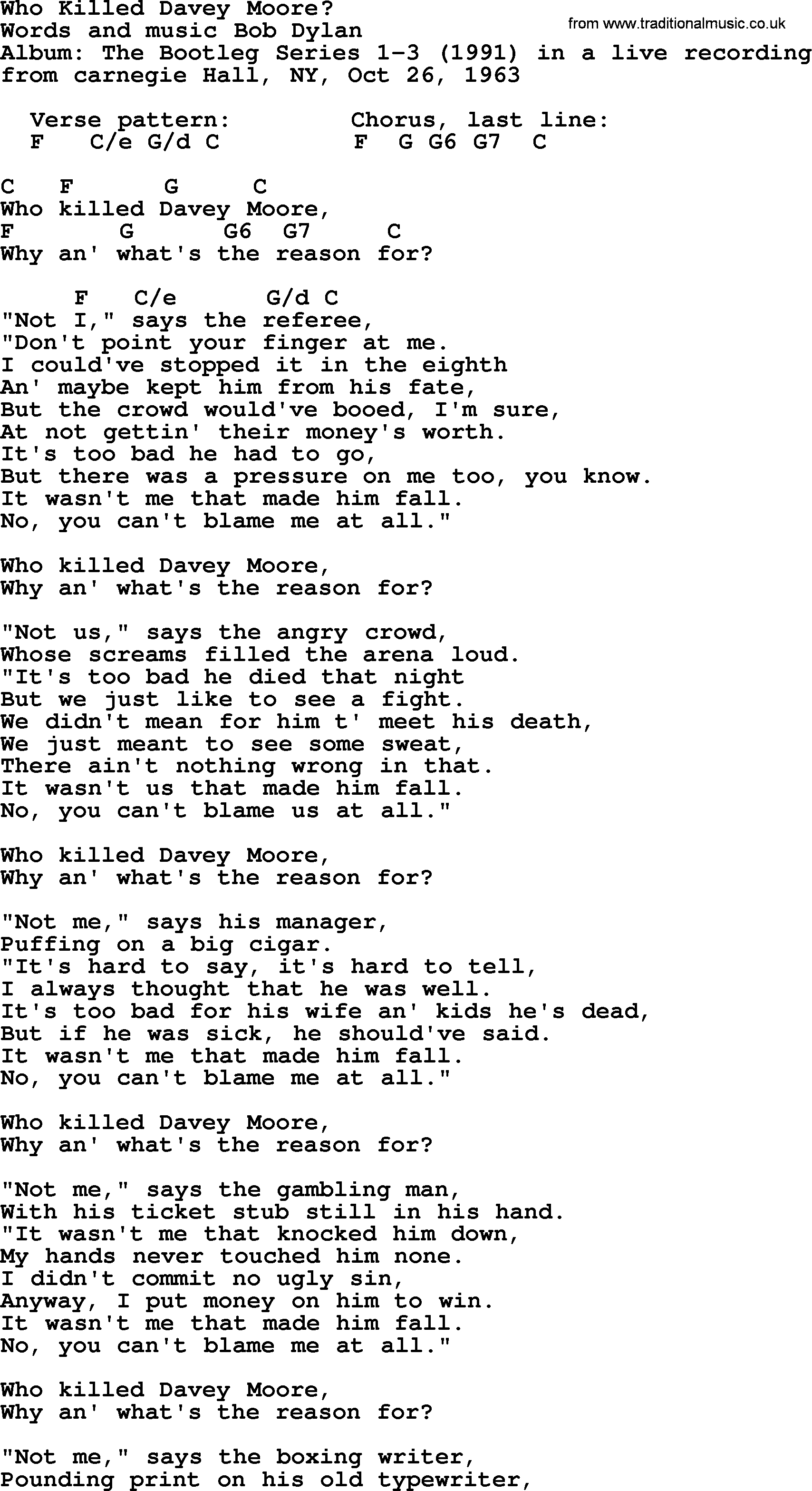 Bob Dylan song, lyrics with chords - Who Killed Davey Moore